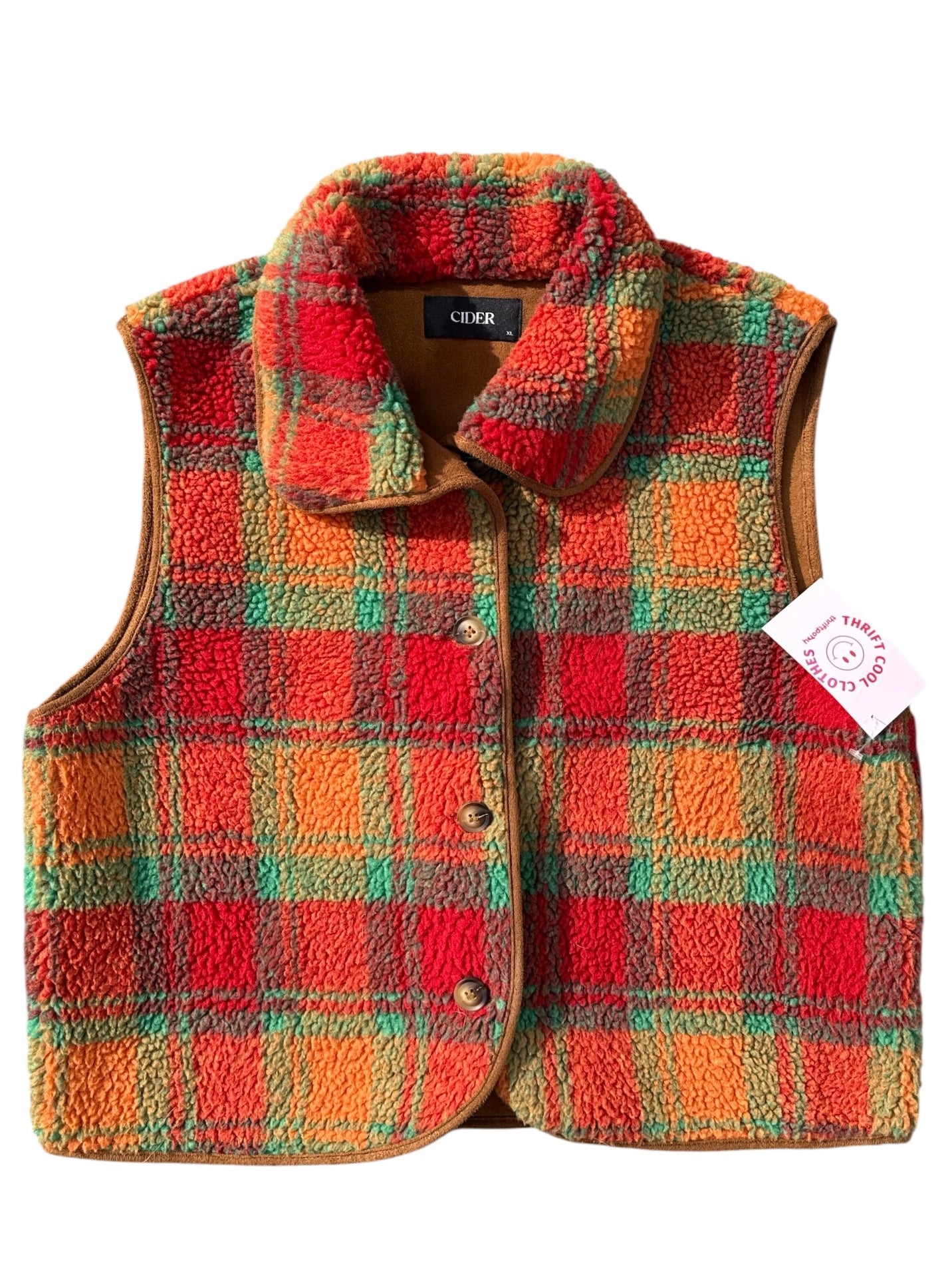 red green orange cider plaid sherpa vest, xl