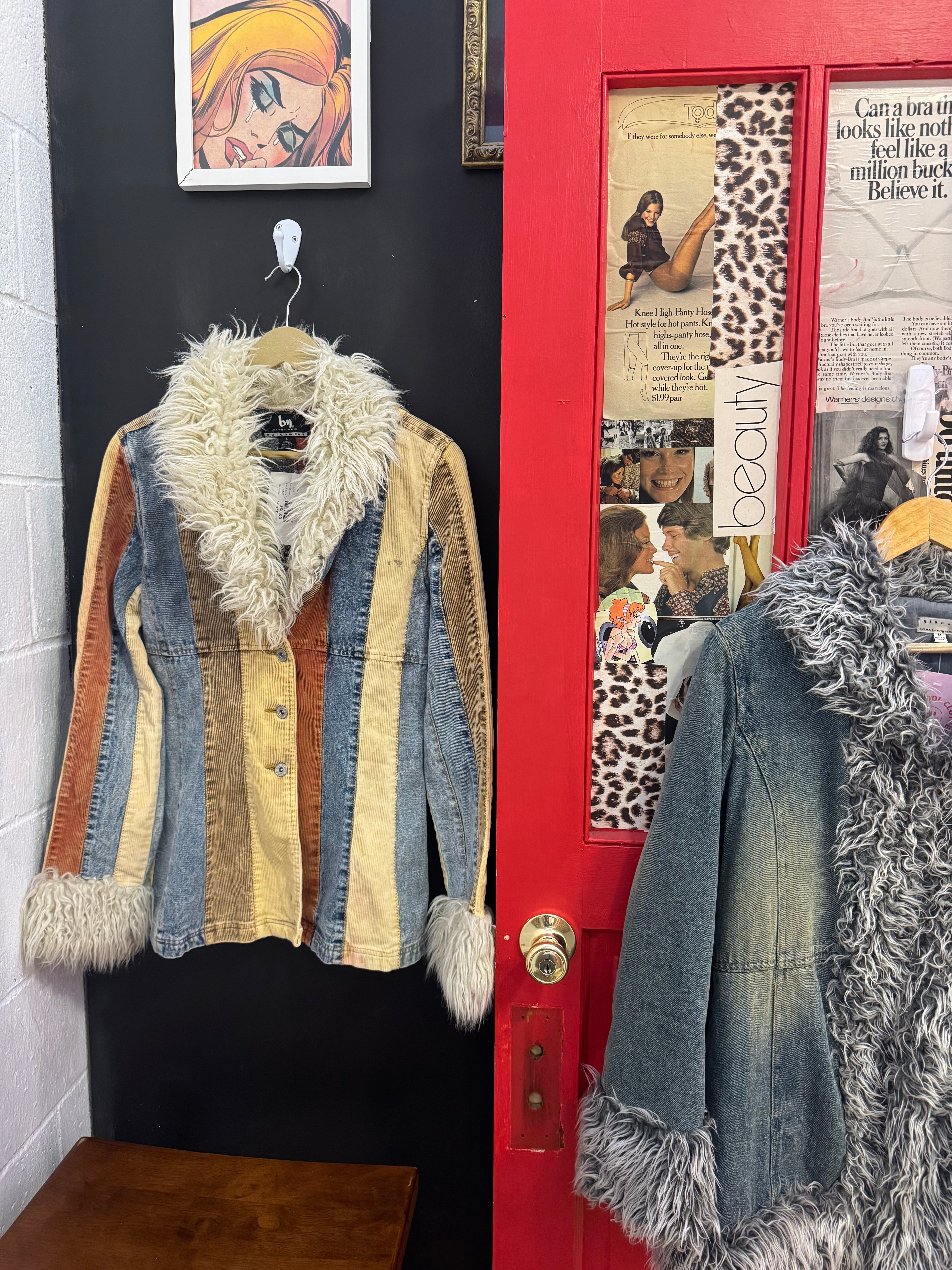 Orange blue tan Blanc noir Patchwork fur jacket, S