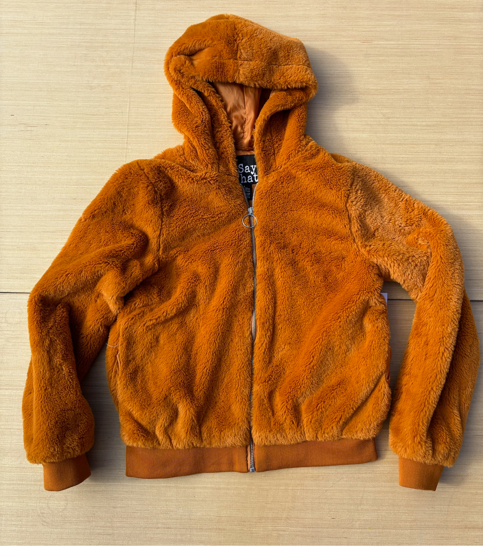 sienna brown say what faux fur zip up, s