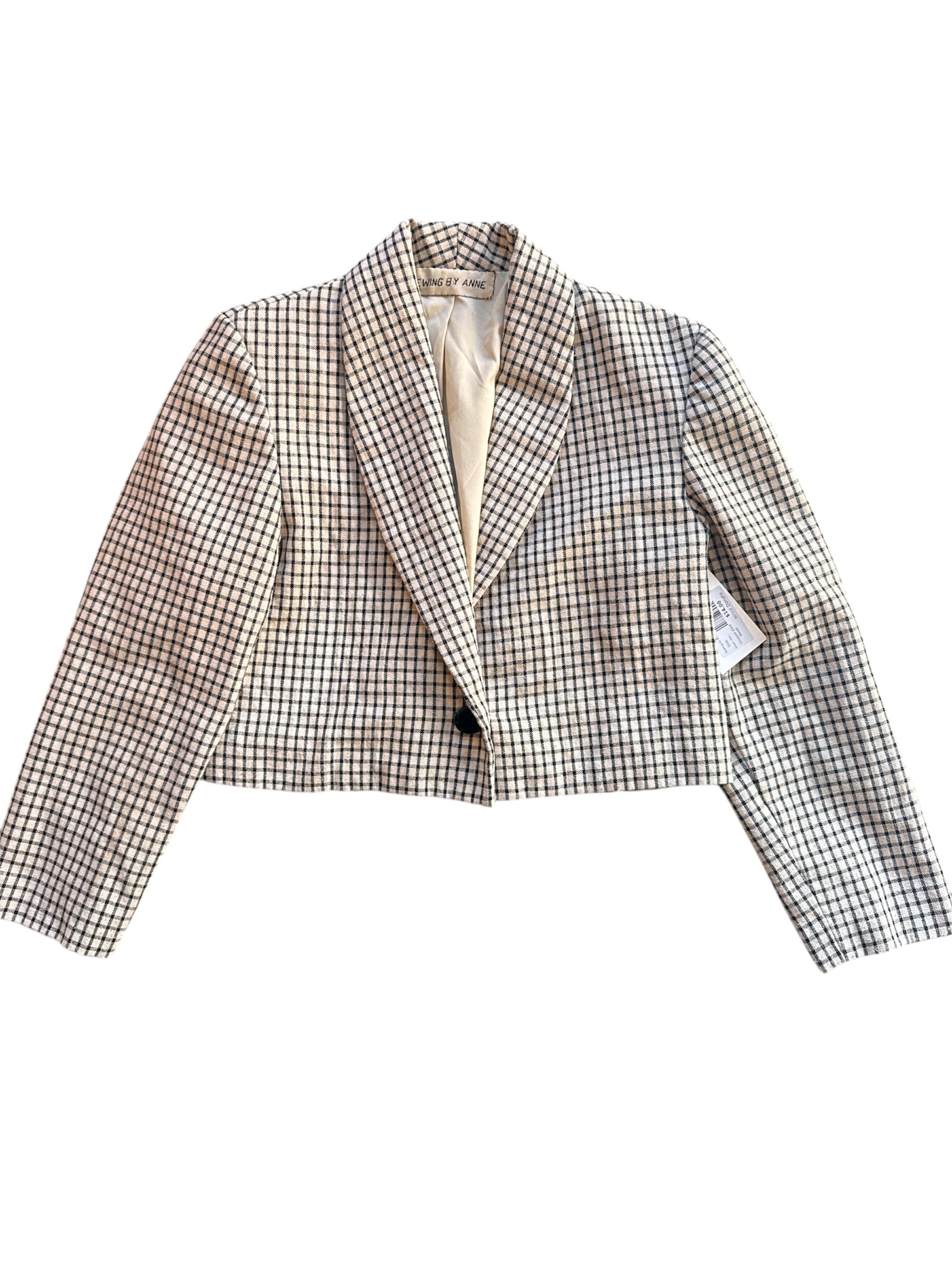 Brown black Sewing by Anne Cropped plaid blazer, M