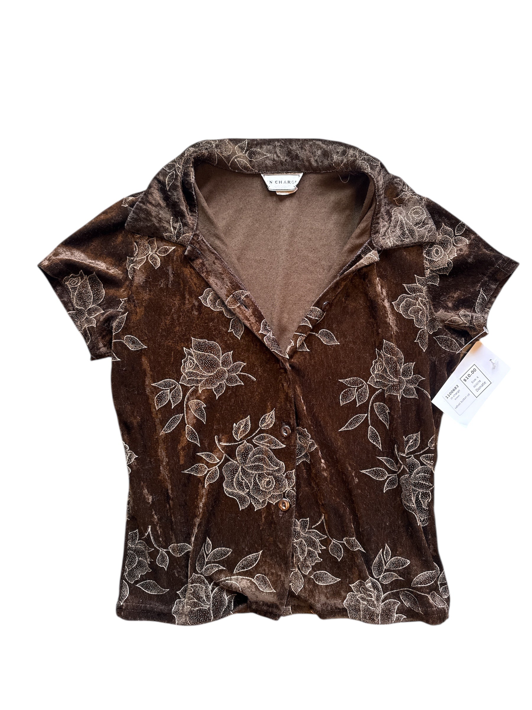 brown in charge velvet button up, s