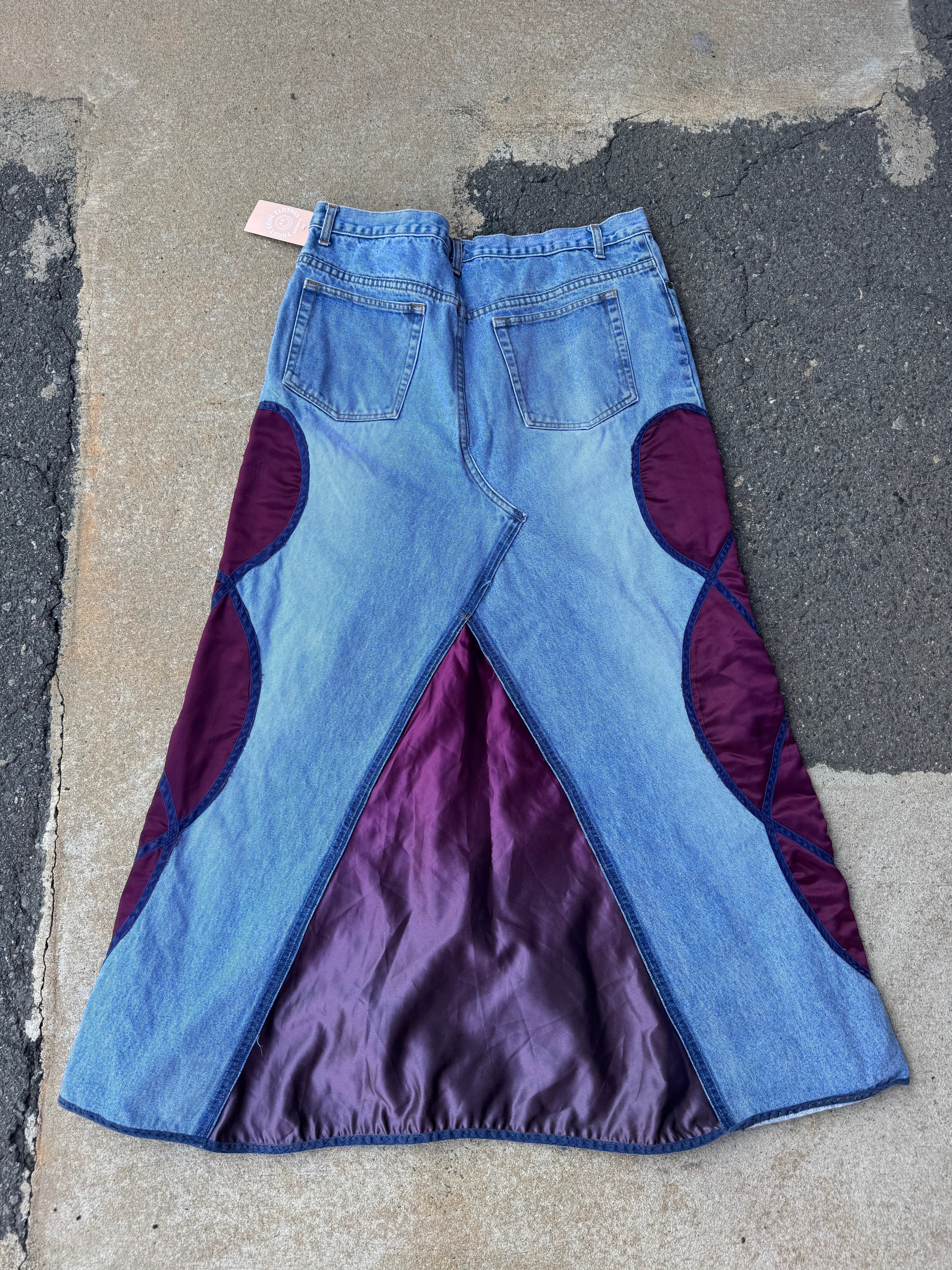 blue magenta army navy denim satin skirt, 36/34 fits like 2xl