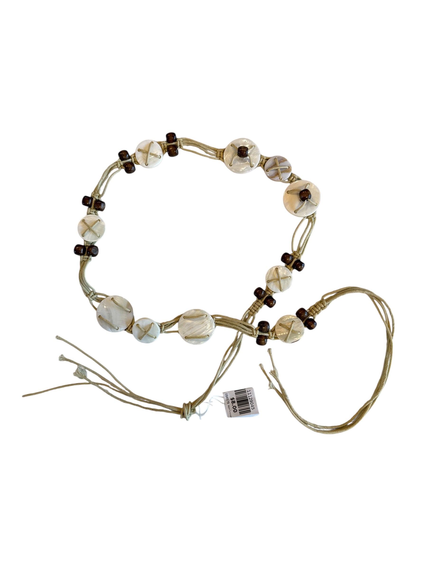 White brown  Woven belt with beads and ceramic