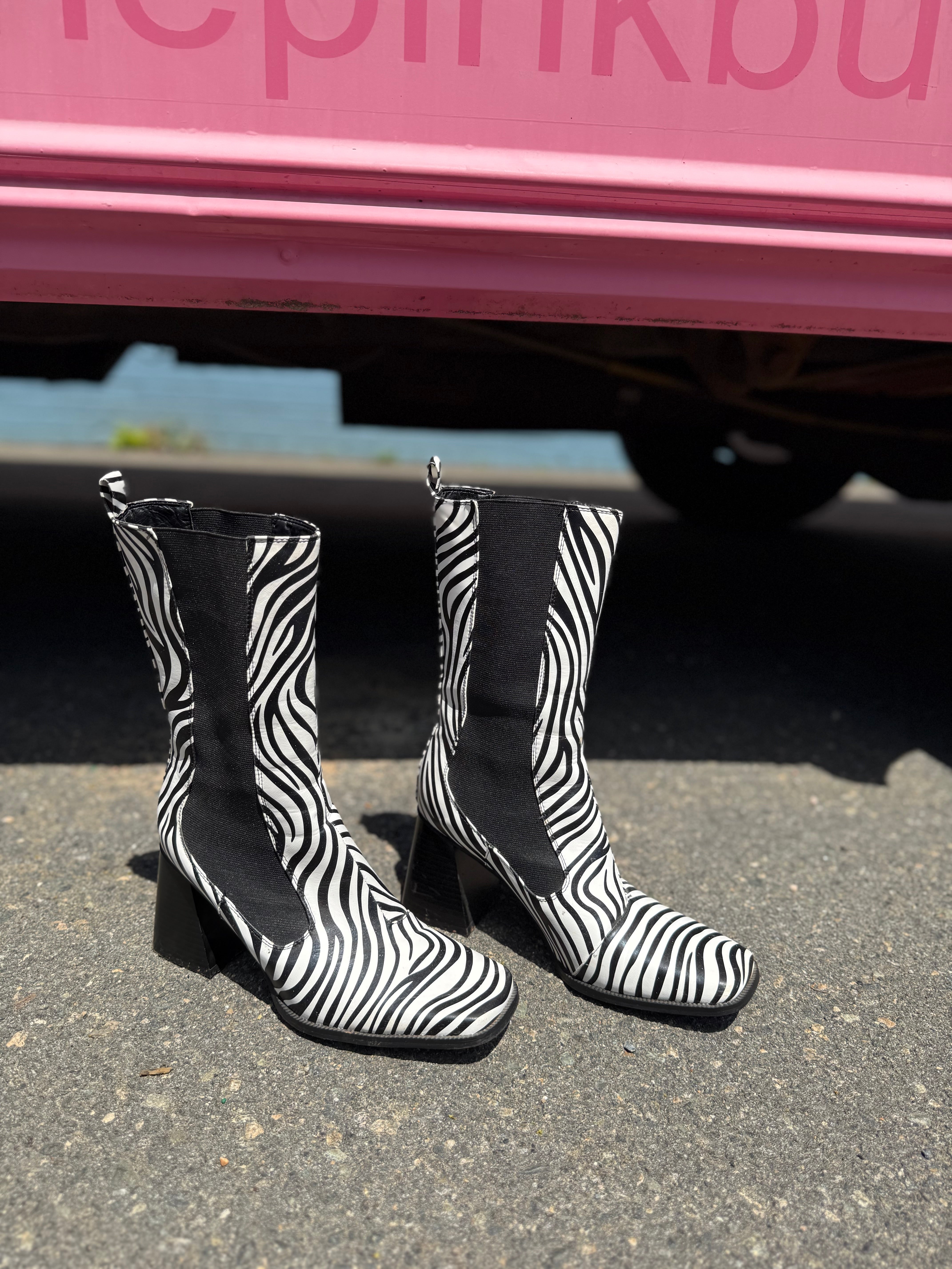 Black white Nasty Gal Zebra Chunky Heel Square Toe Boot, 8