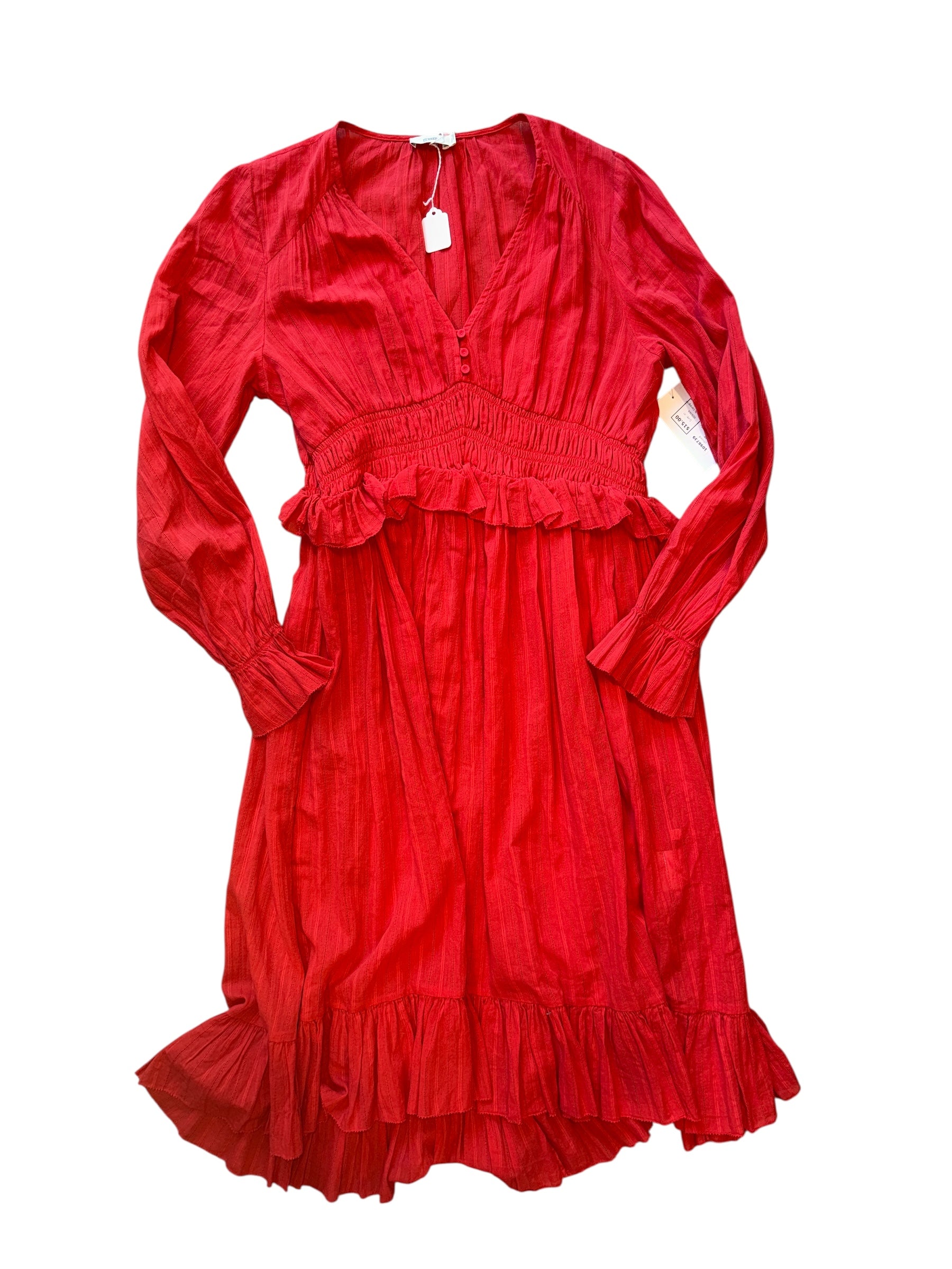 red closed ls smocked ruffle dress, m