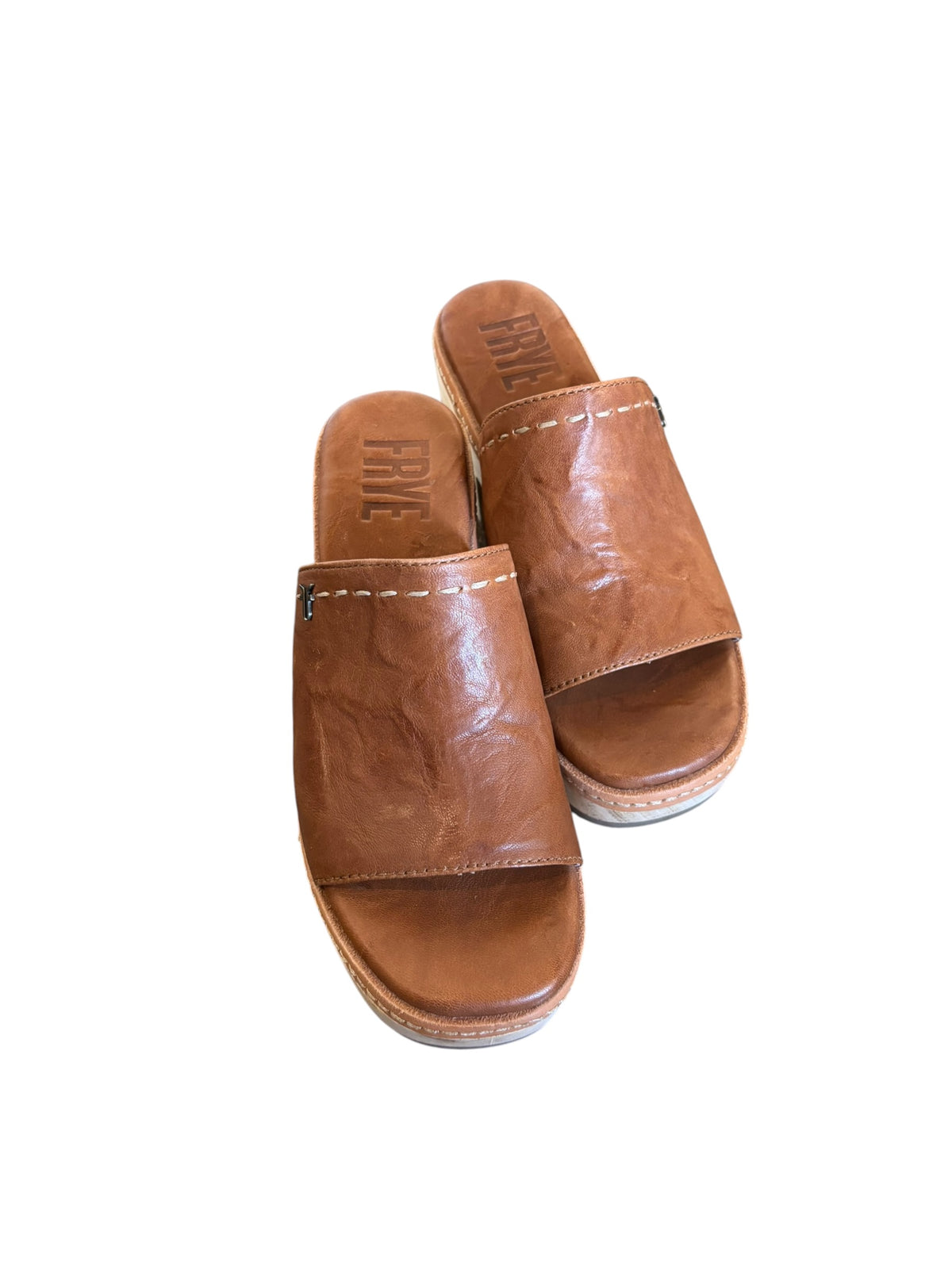 brown tan frye heeled mule sandals, 6