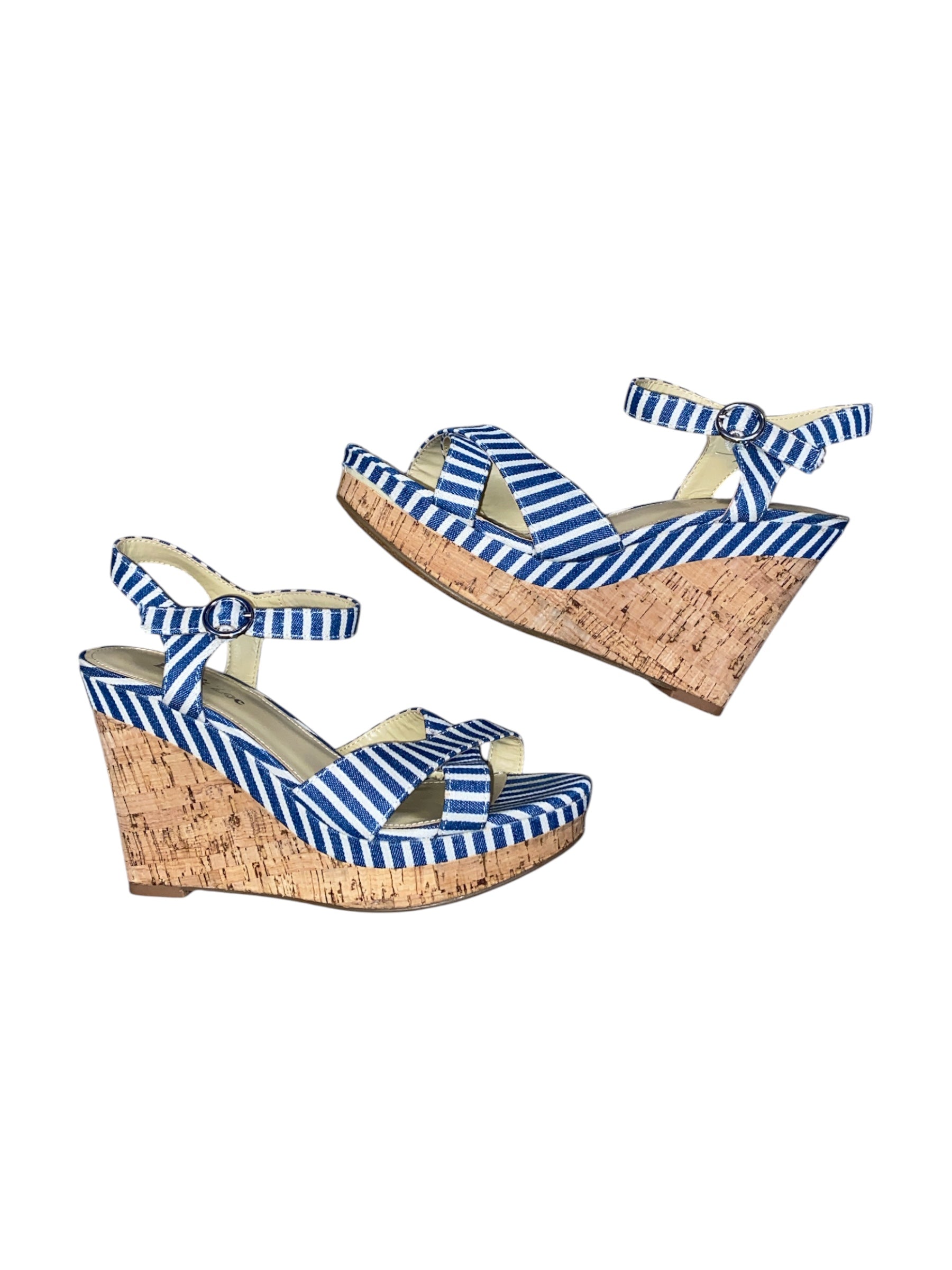 blue white eva & zoe striped open toe wedge, 7 1/2