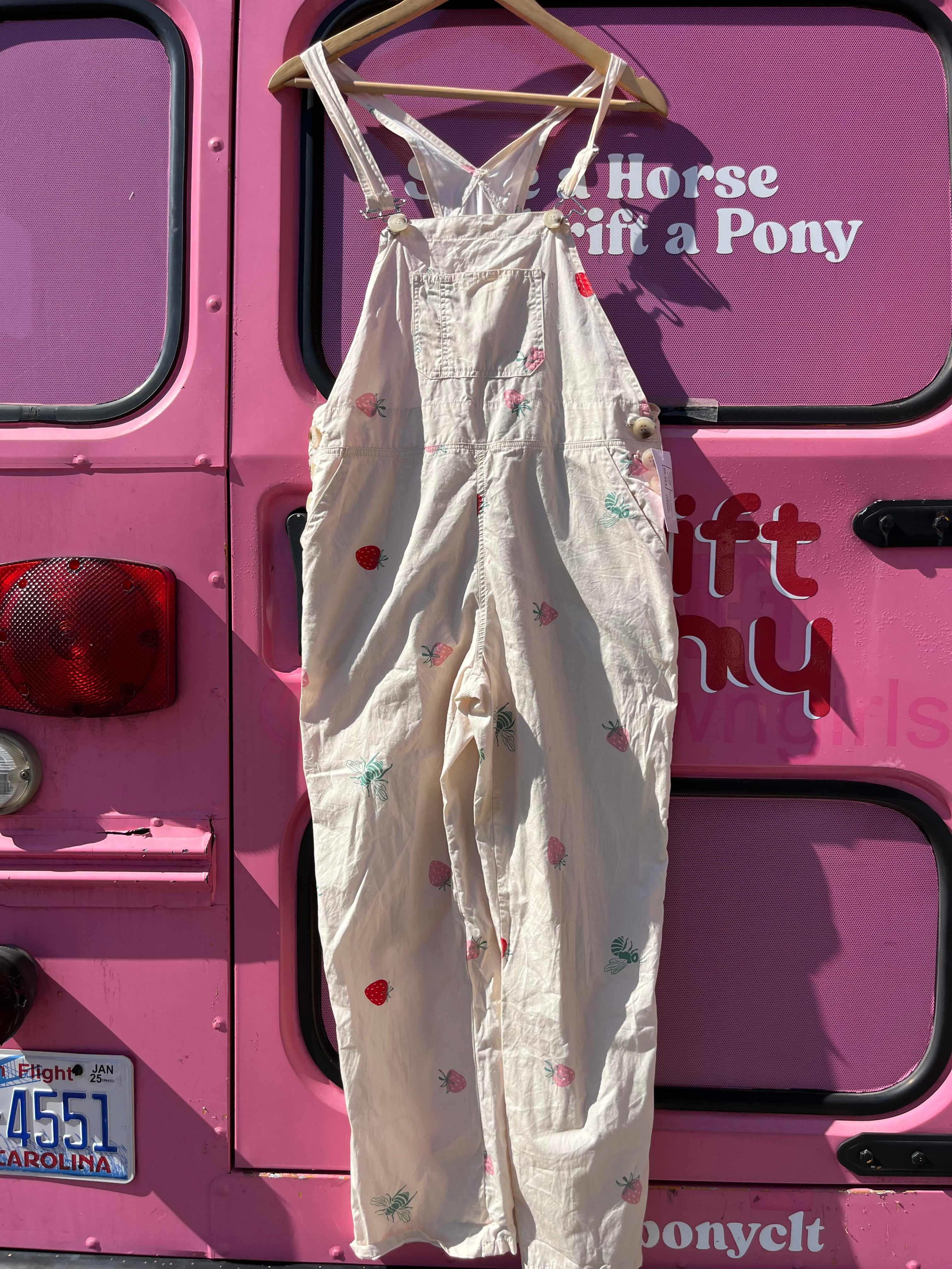 beige pink saint geraldine strawberry overalls, xs