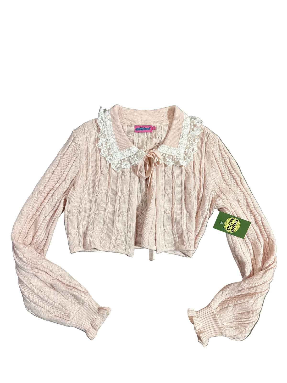 pink white edikted cardigan w lace and ribbon, L