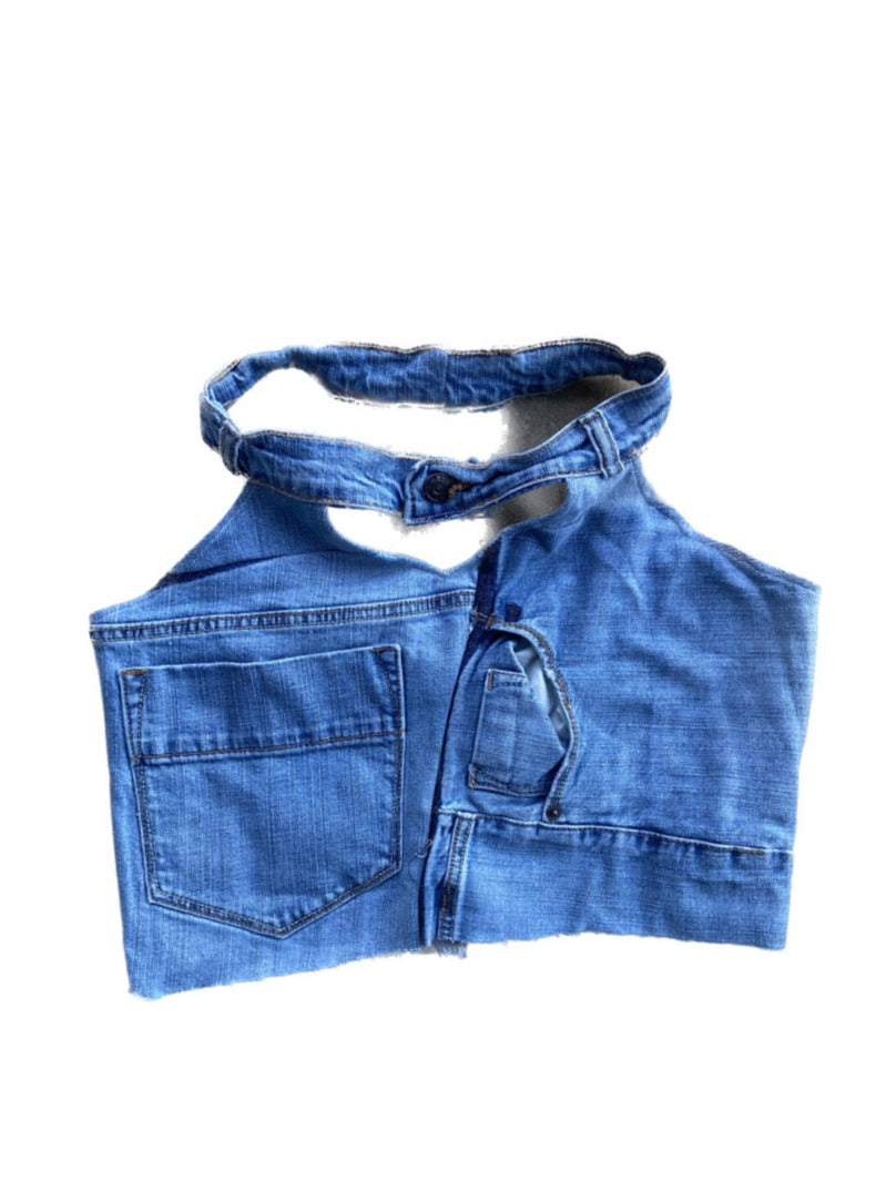 light blue  handmade upcycled denim cropped halter top, M