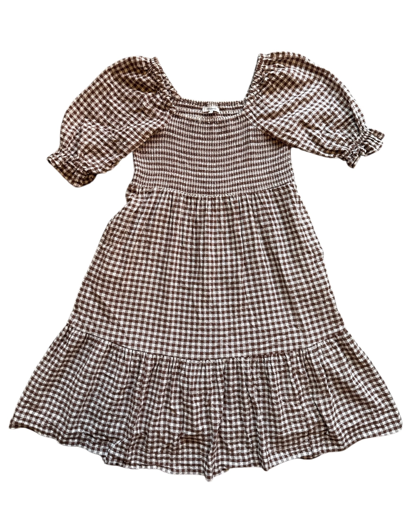 brown white madewell plaid ruffle dress, l