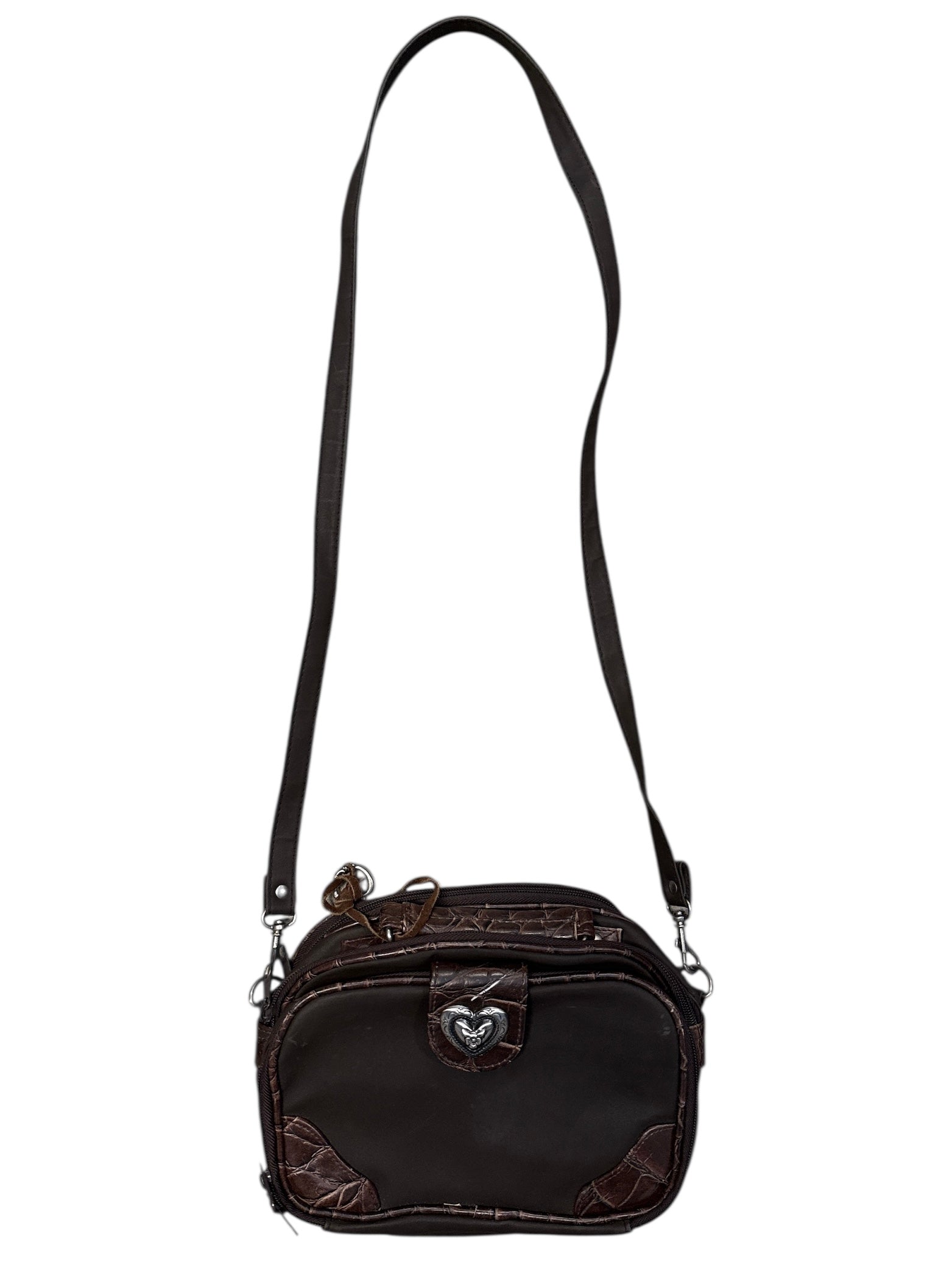 brown silver riding club metal heart crossbody