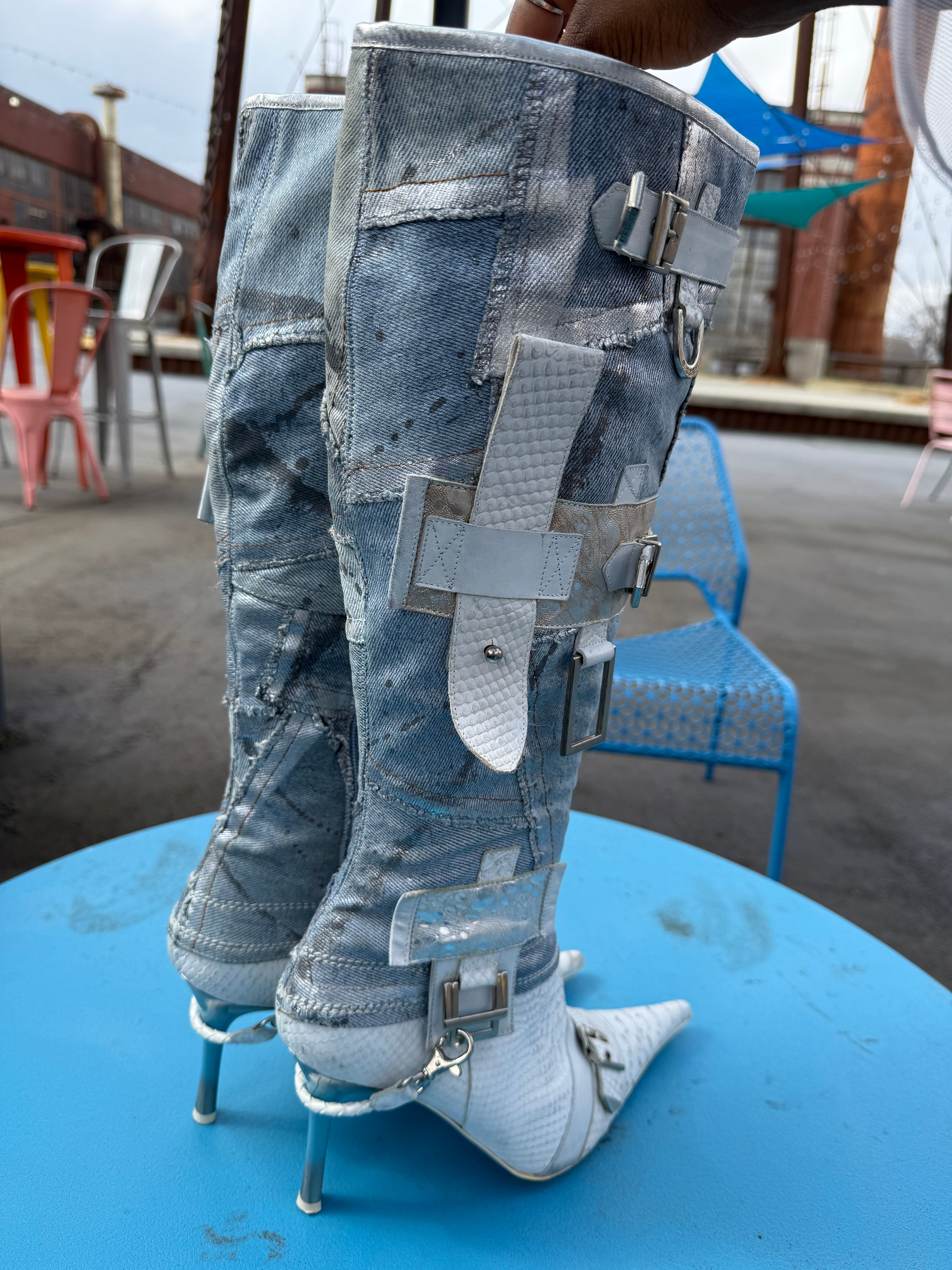 white blue el dantee denim stilleto buckle heels, 40 (fits like 8.5)