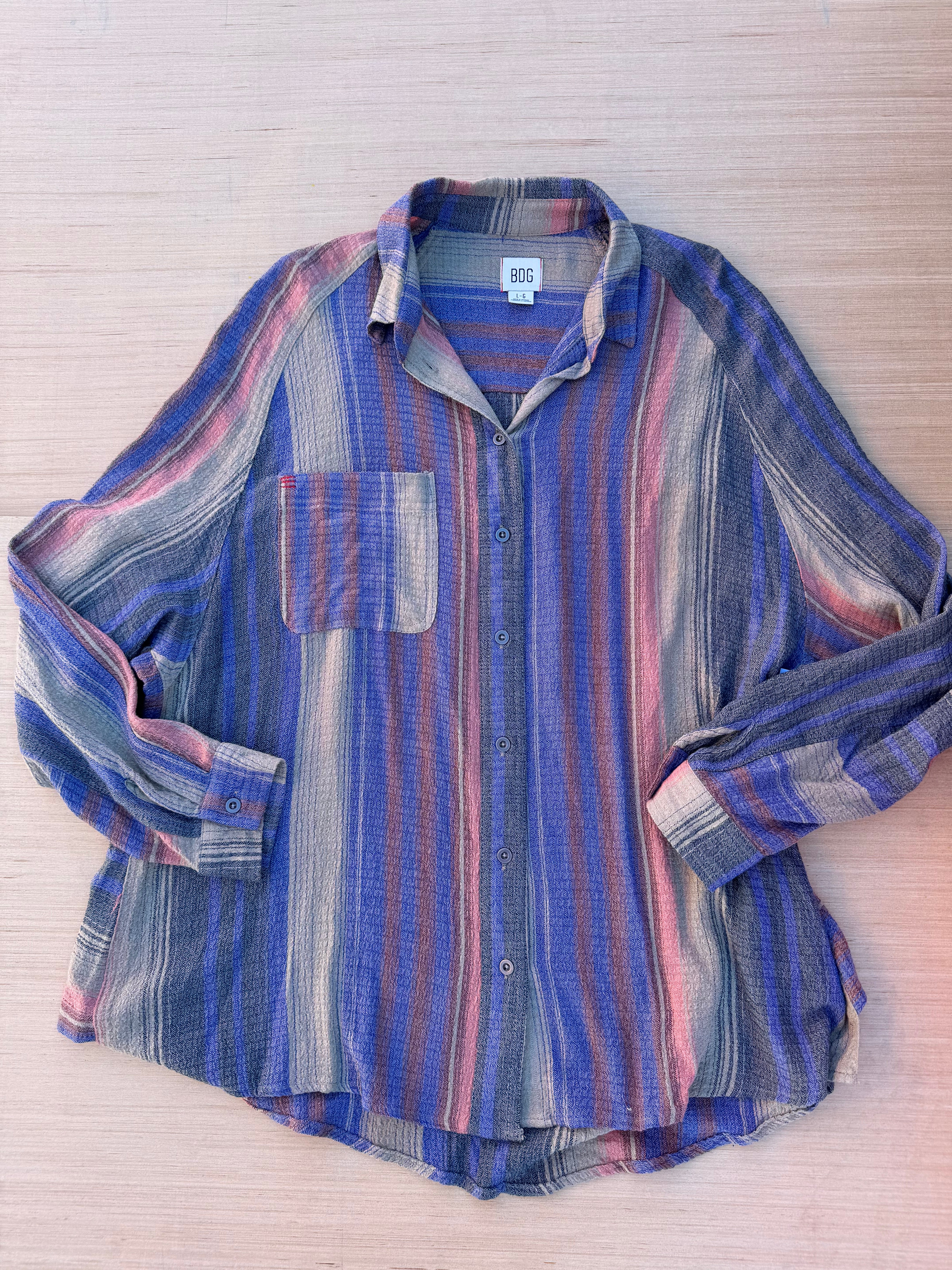 beige blue red bdg striped button down, L