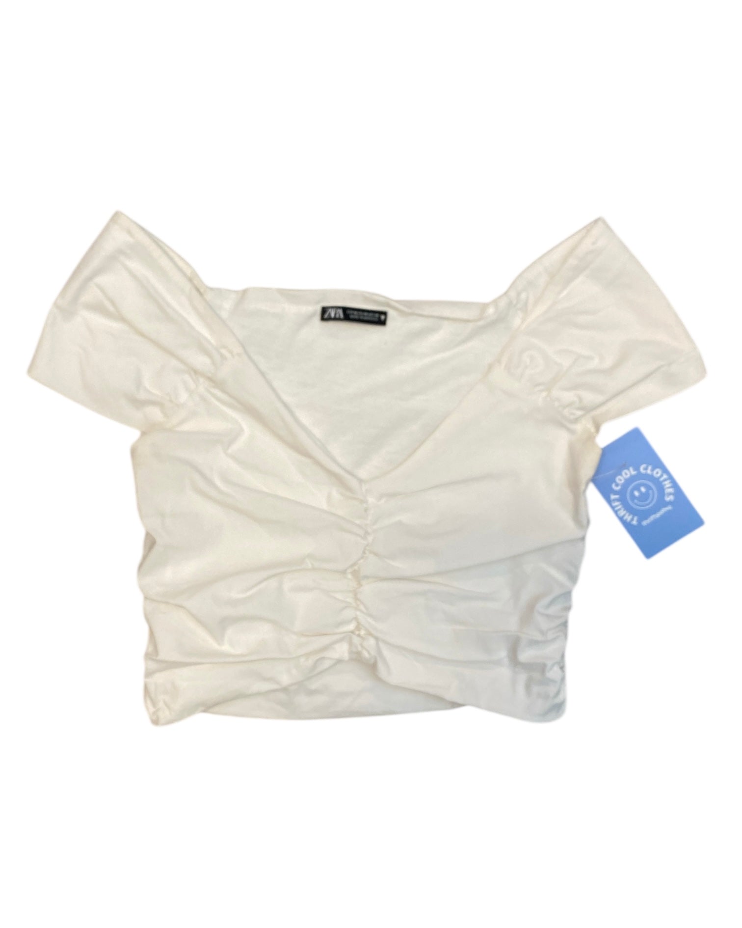 white zara cropped scrunch off shoulder top, m