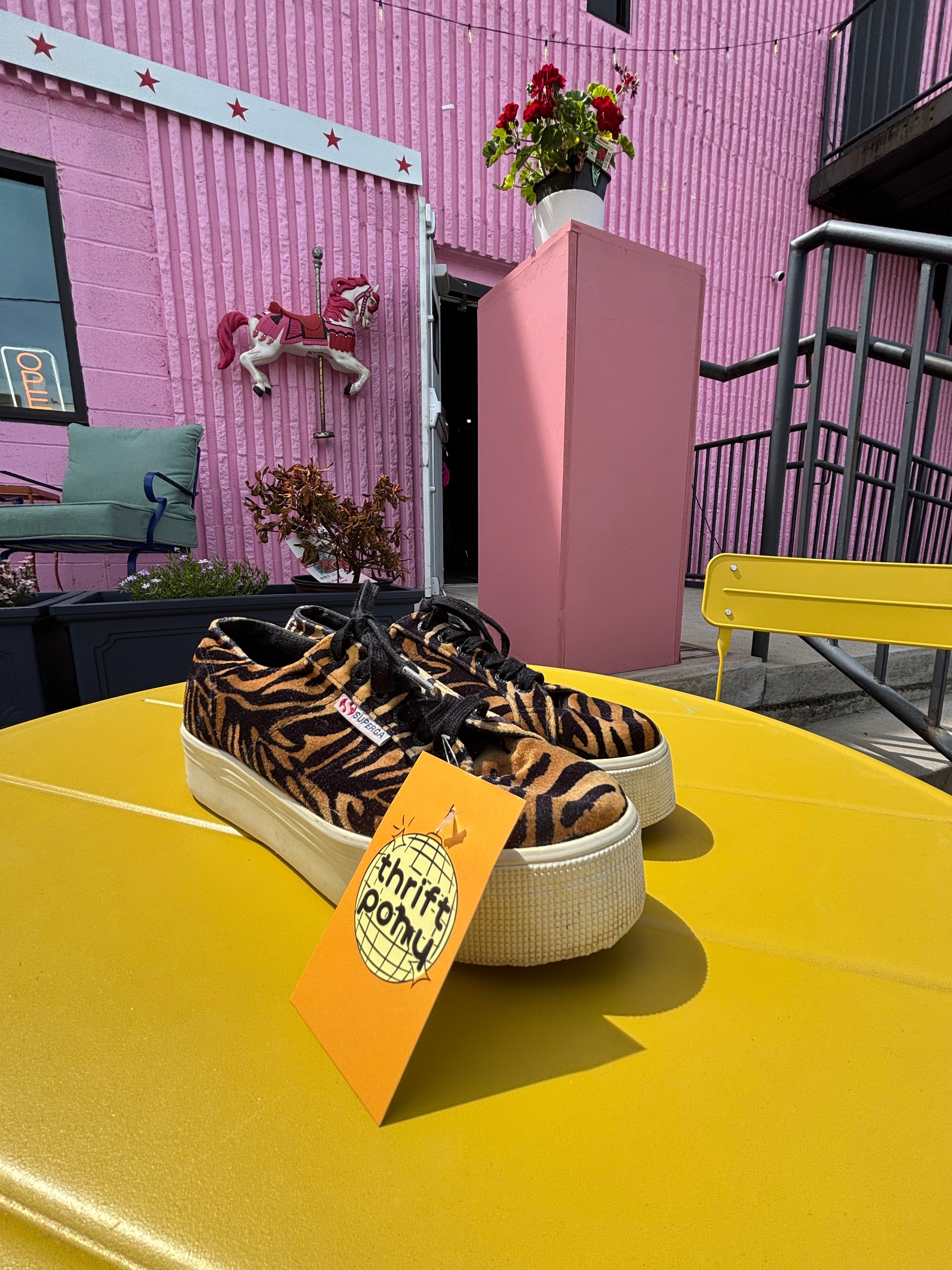 Brown black Superga Platform velour tiger print heels, 6.5