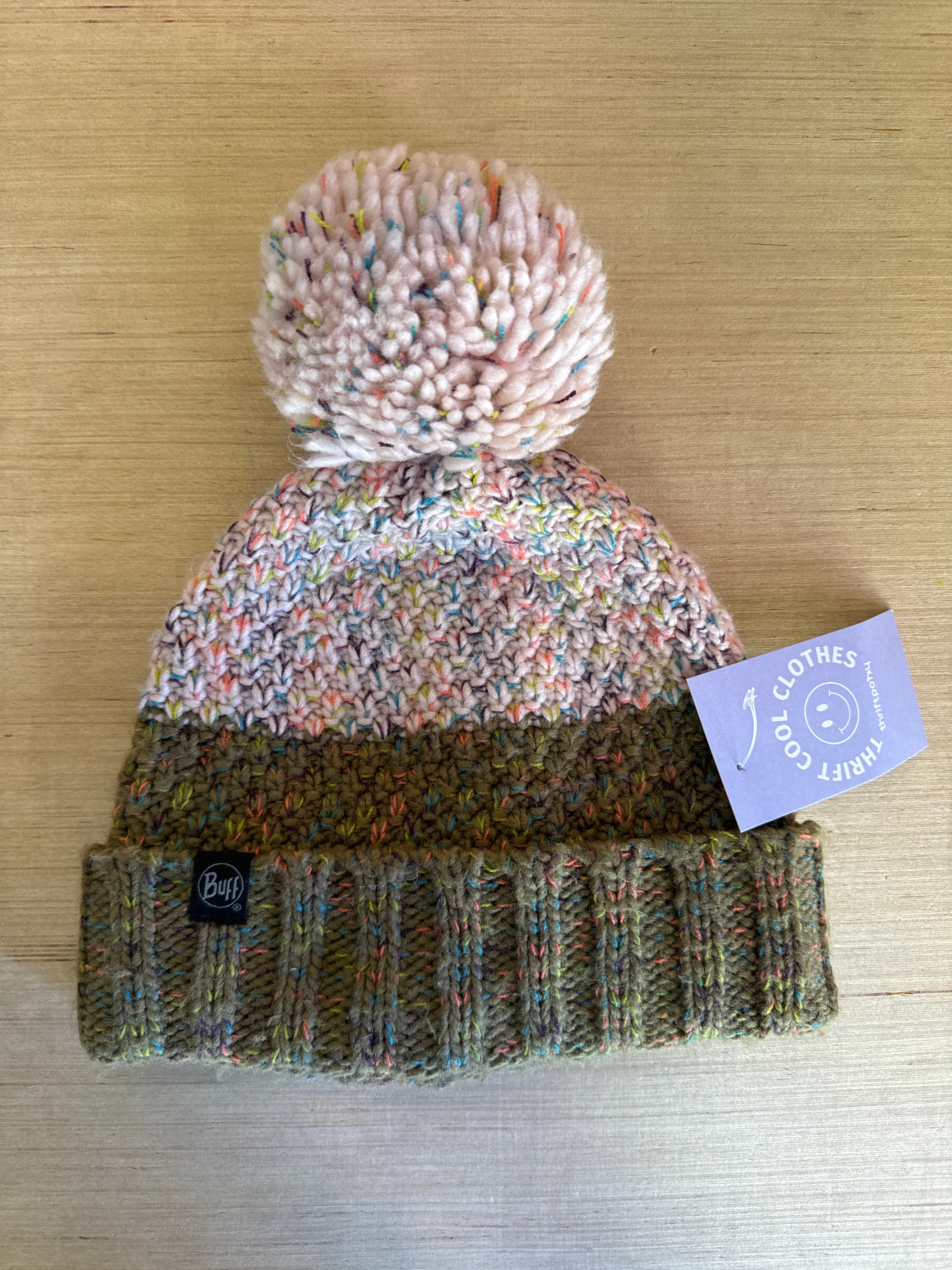 green cream buff knit beanie w pompom