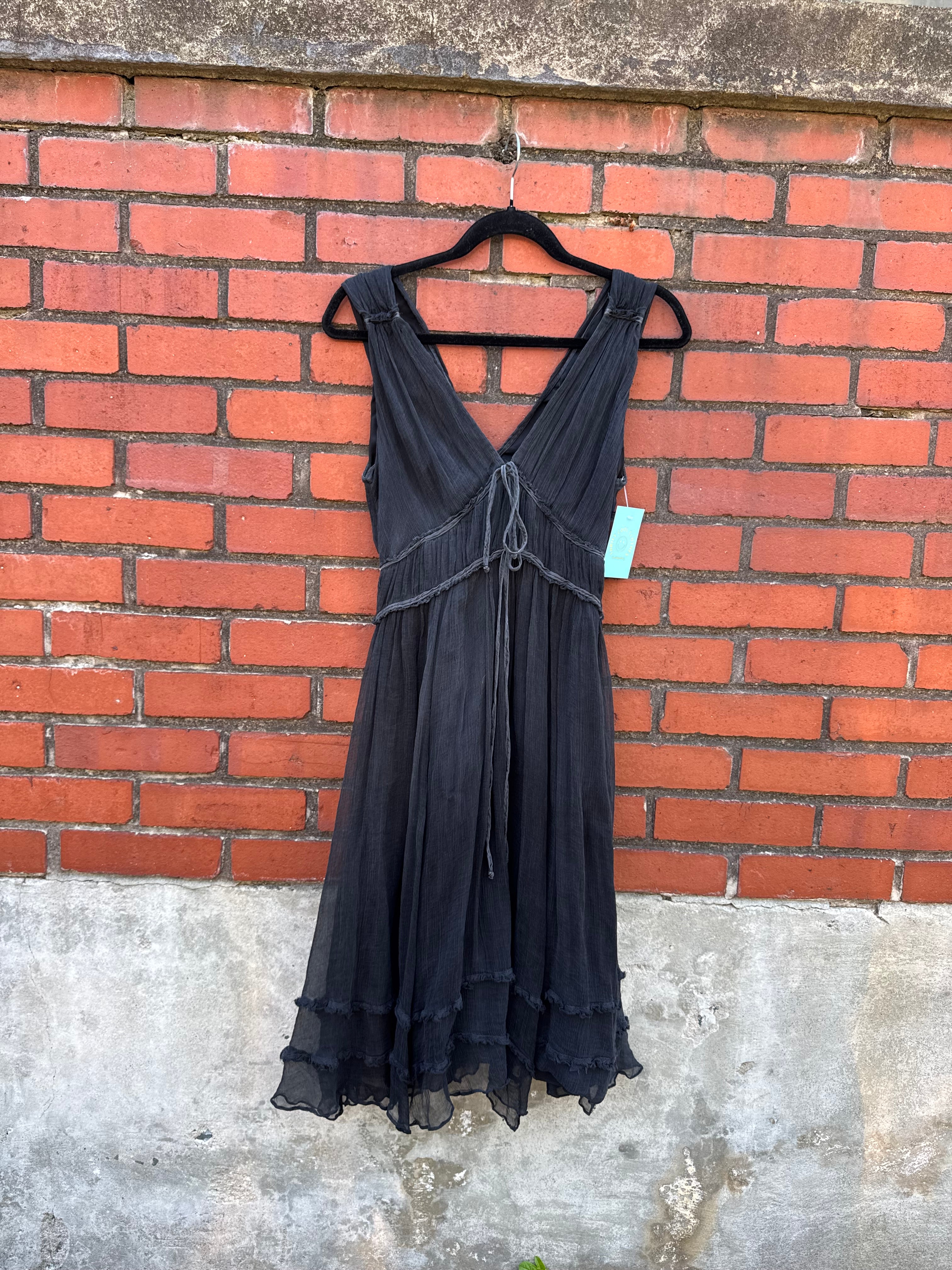 black inditex pleated flowy plunge tank dress, L