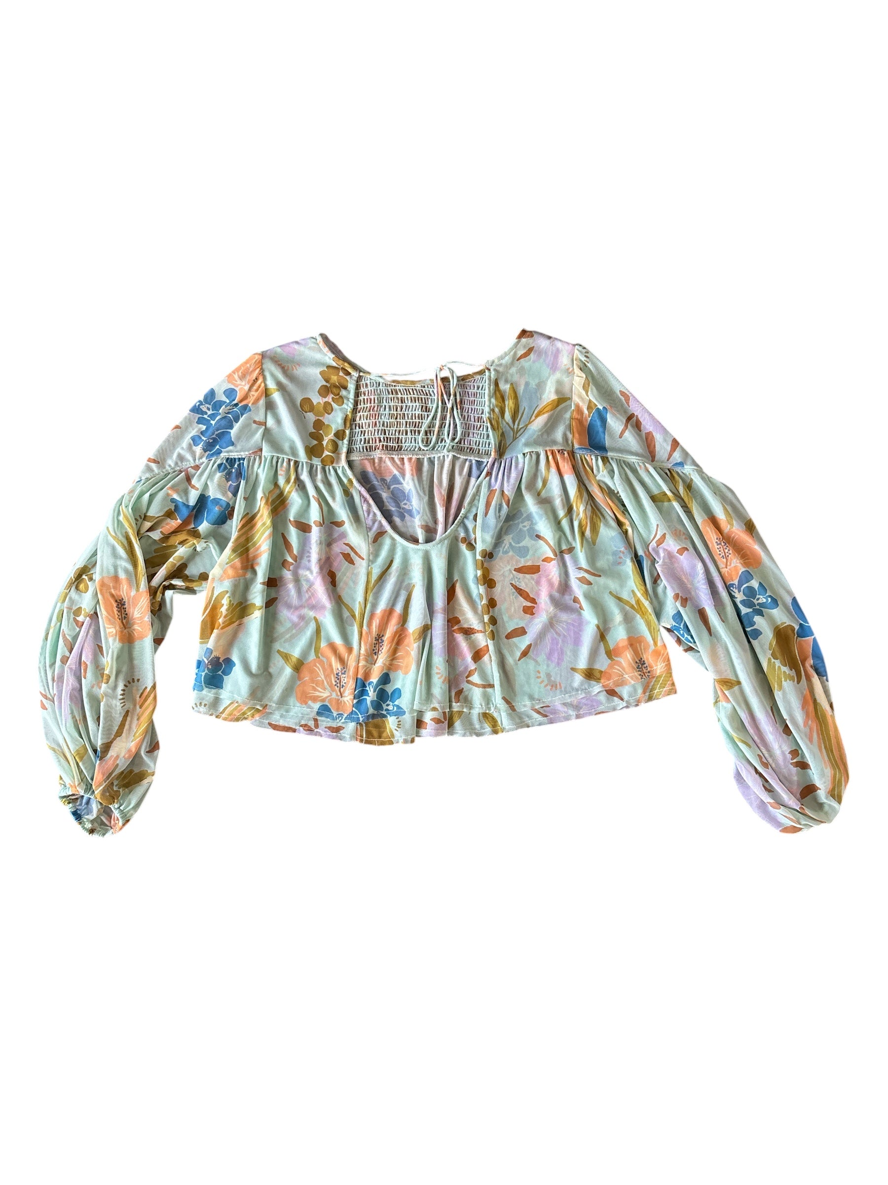 teal orange free people mesh floral blouse, s