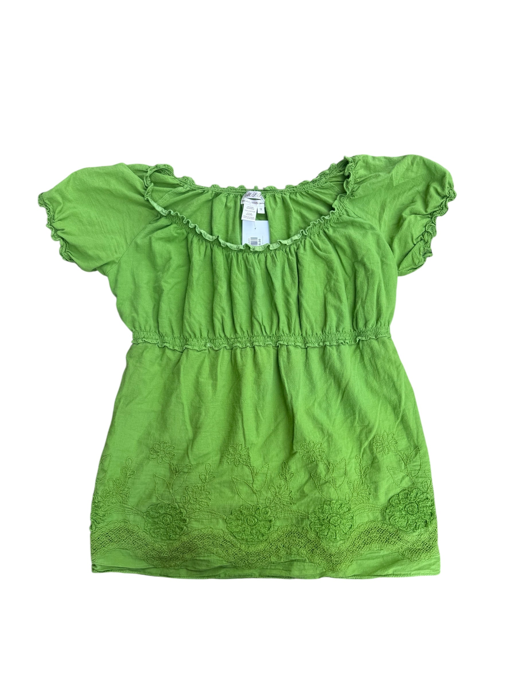 green m.s.s.p. flower embroidered baby doll top, 1X