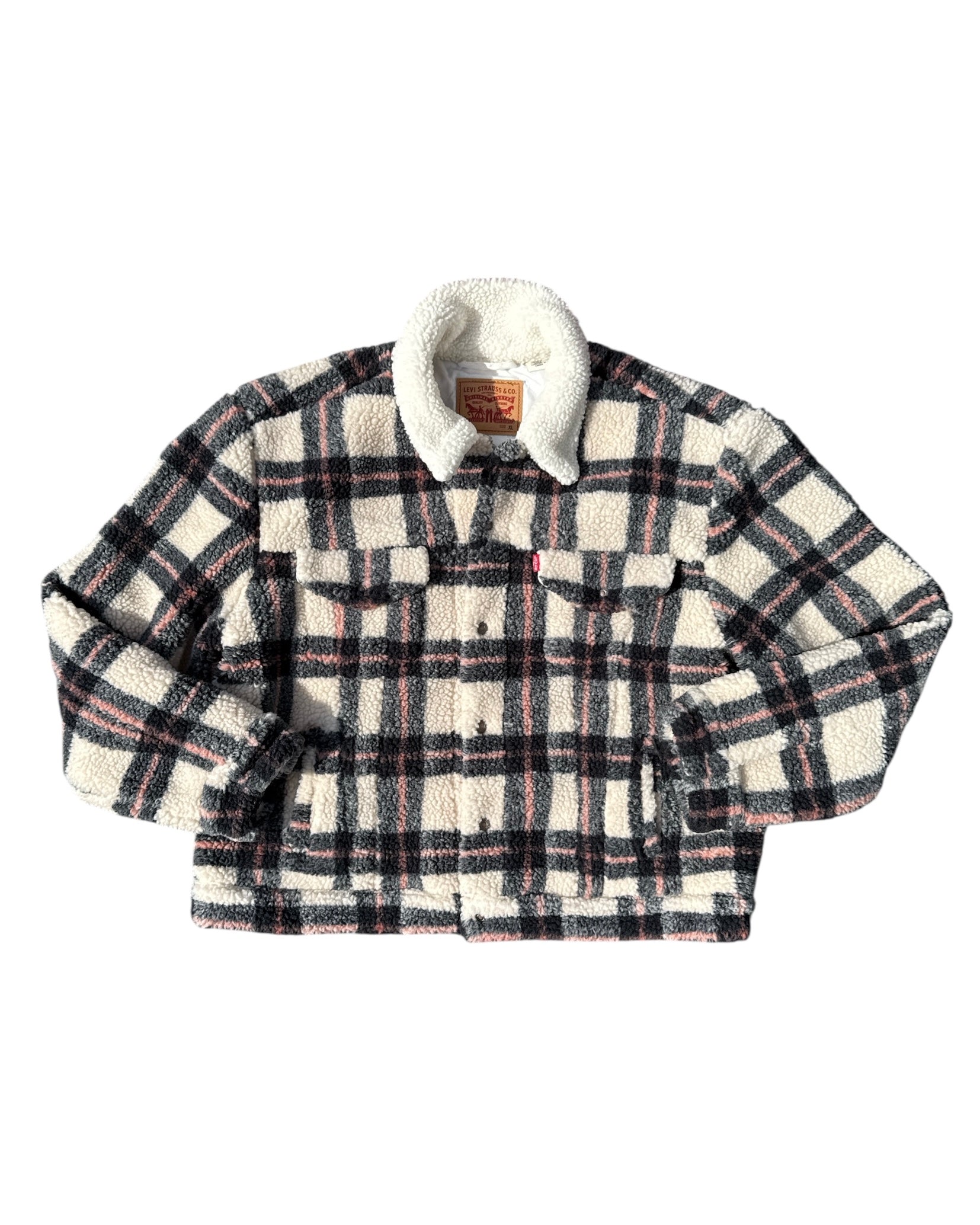 white navy levi's plaid sherpa button up jacket, XL