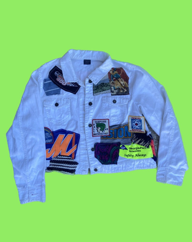 handmade upcycled Donnie Tiffs white patchwork denim jacket, size XXL (20)