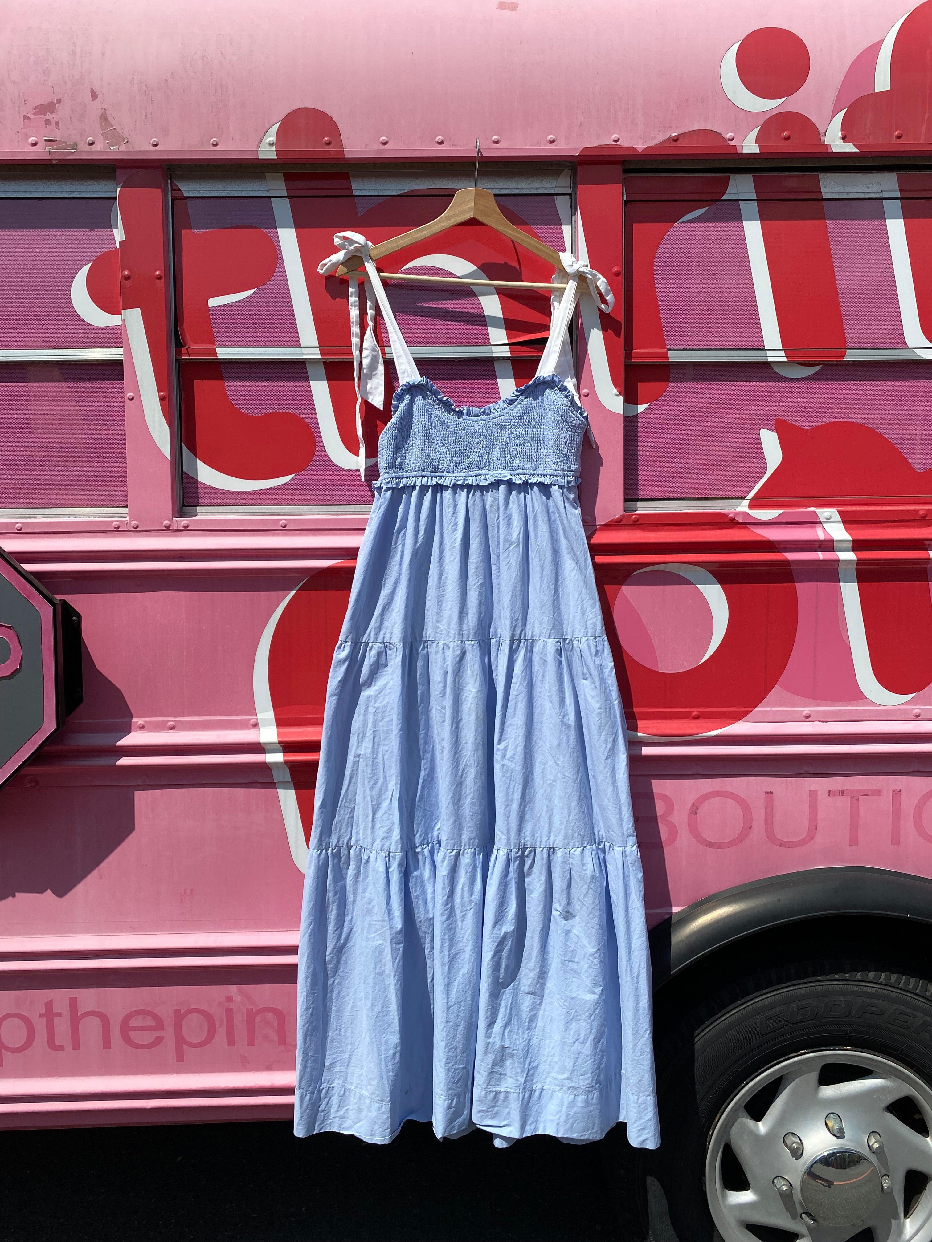 light blue white la lavon tiered ruched tie maxi dress, l