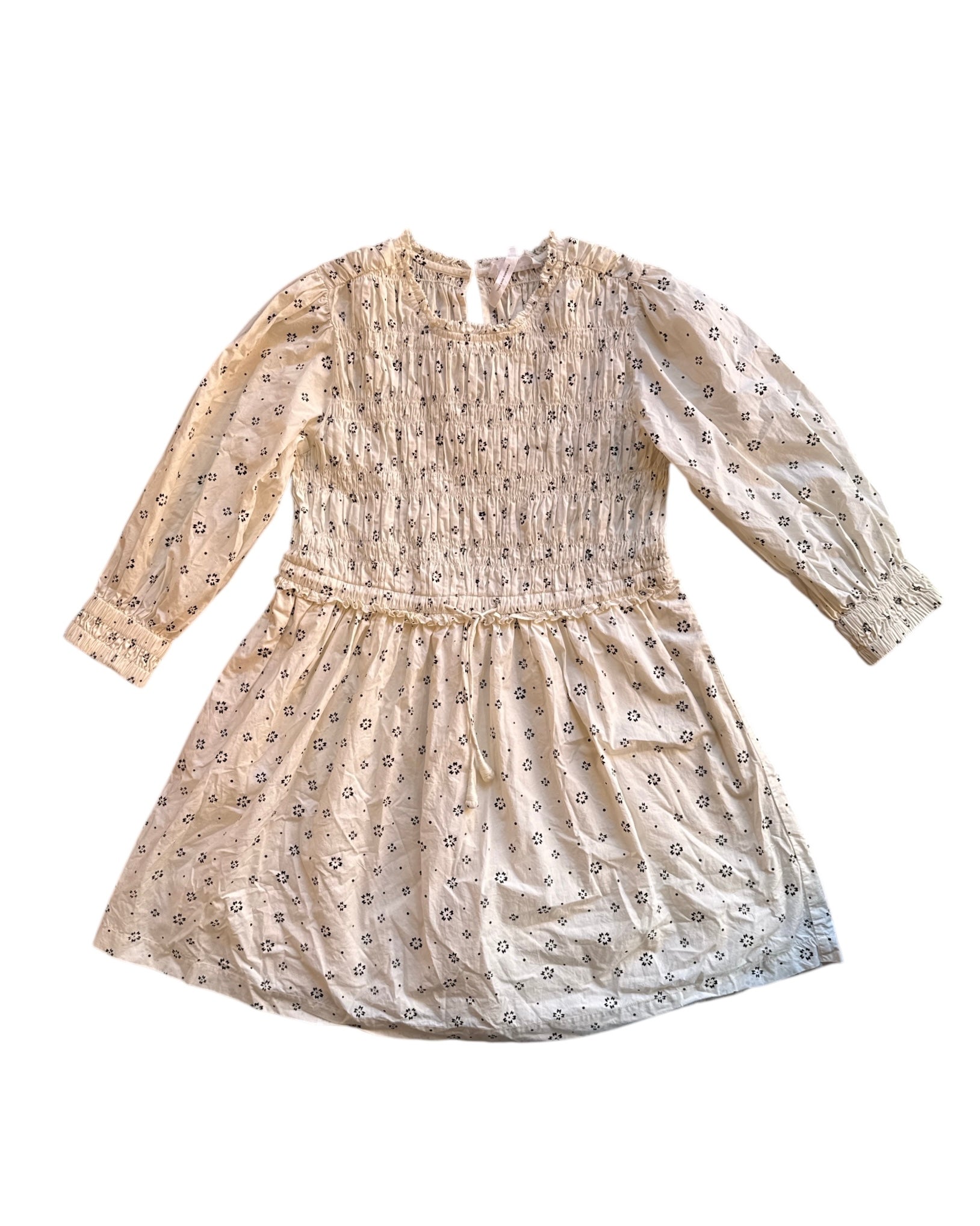 cream black apiece apart floral smocked ls mini dress, xs