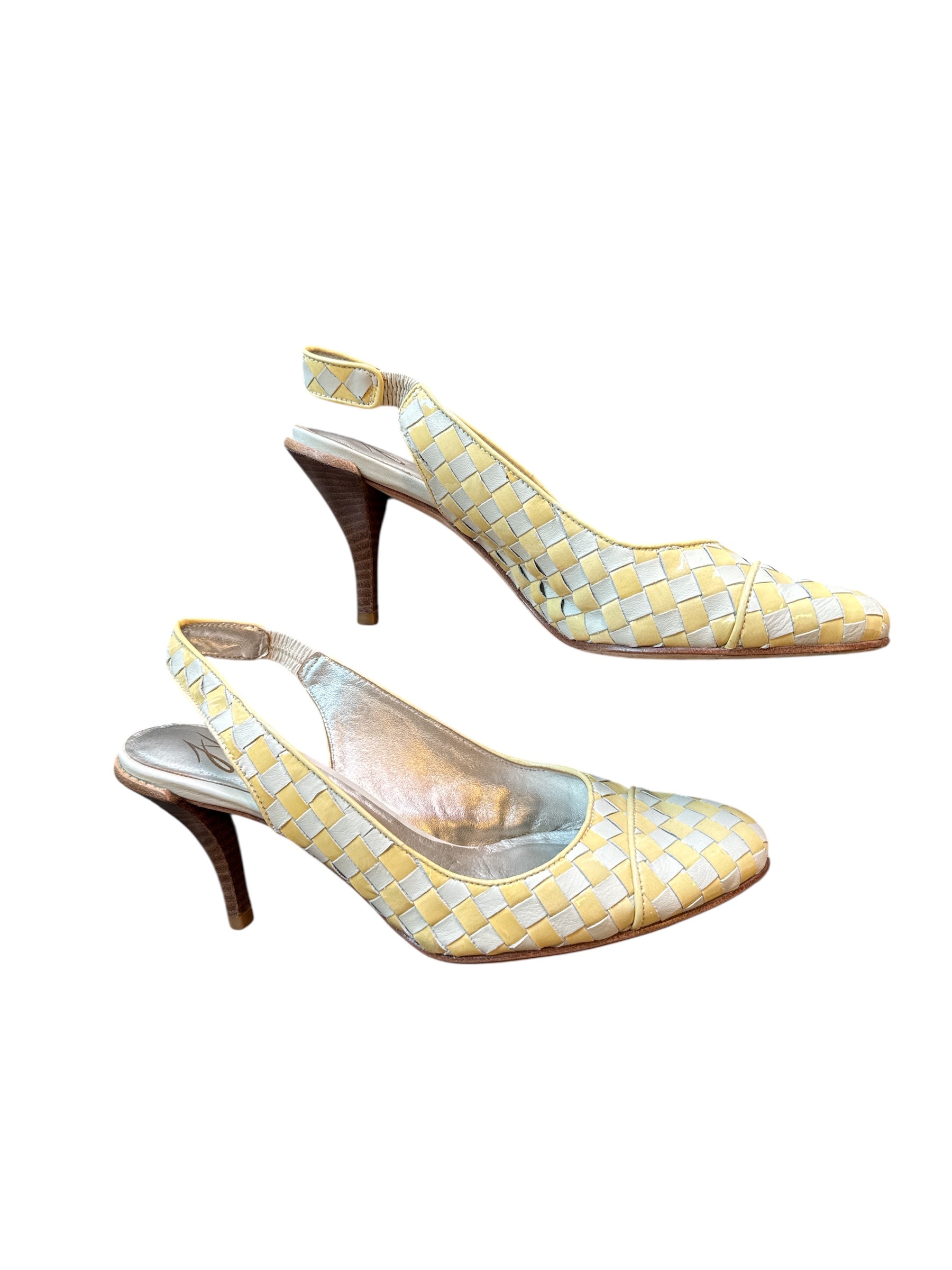 yellow white j vincent woven leather slingback heels, 7.5
