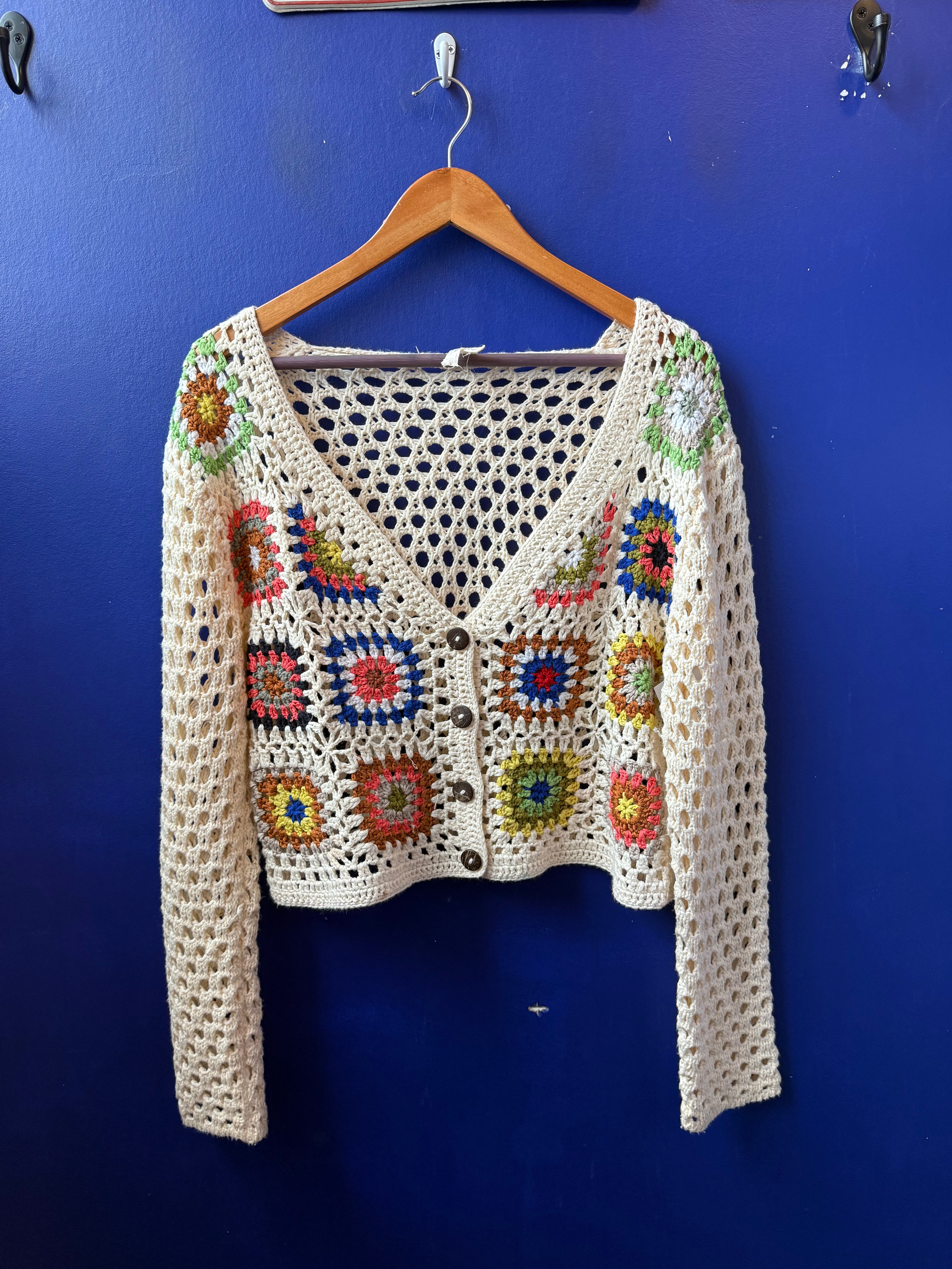 cream blue pink brown debut crochet square cardigan, m