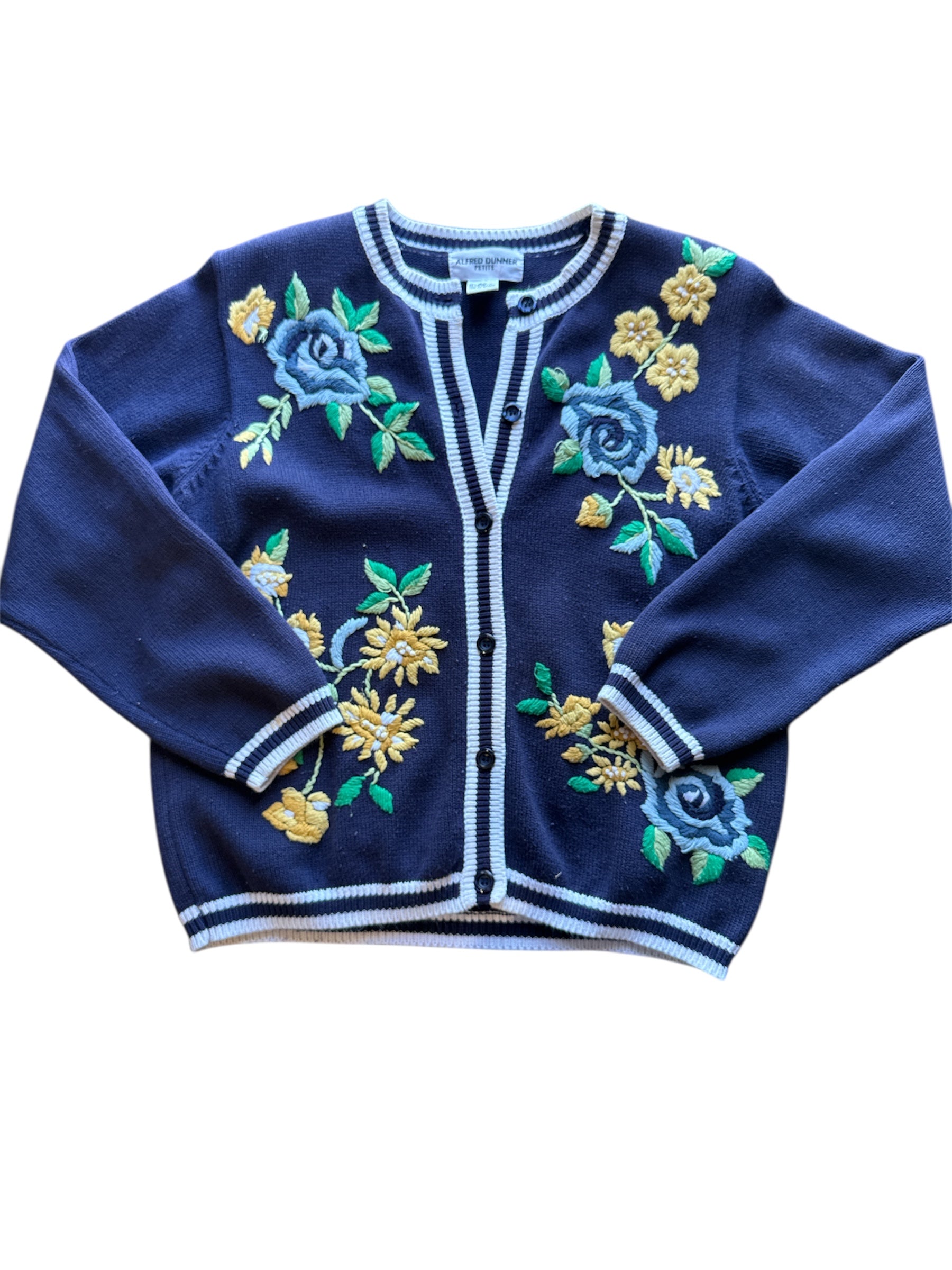 navy blue yellow green alfred dunner floral cardigan, pm