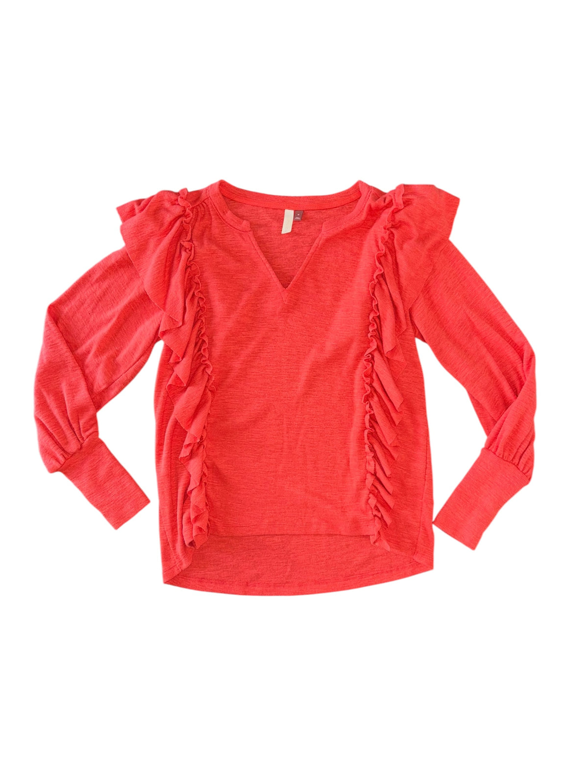 coral pilcro ruffle seam ls v neck sweater, M