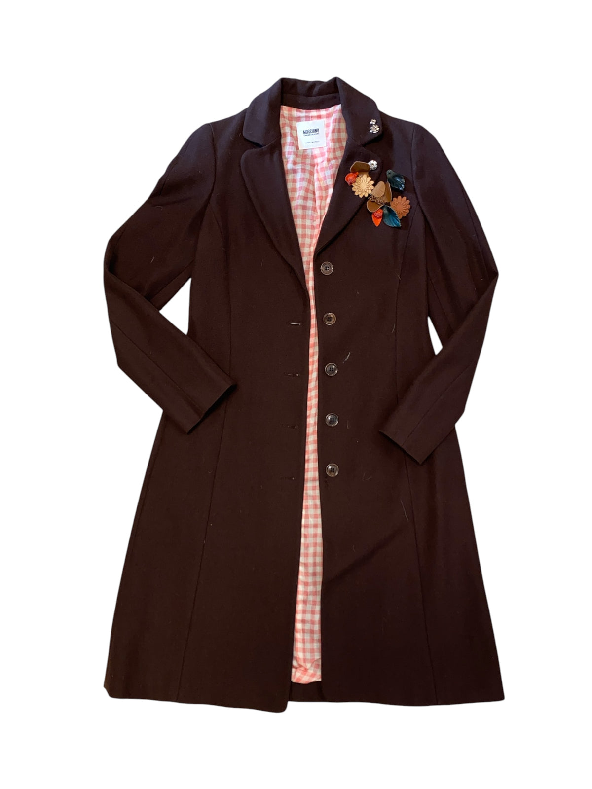 Brown Moschino Wool trench coat w flower details, 6