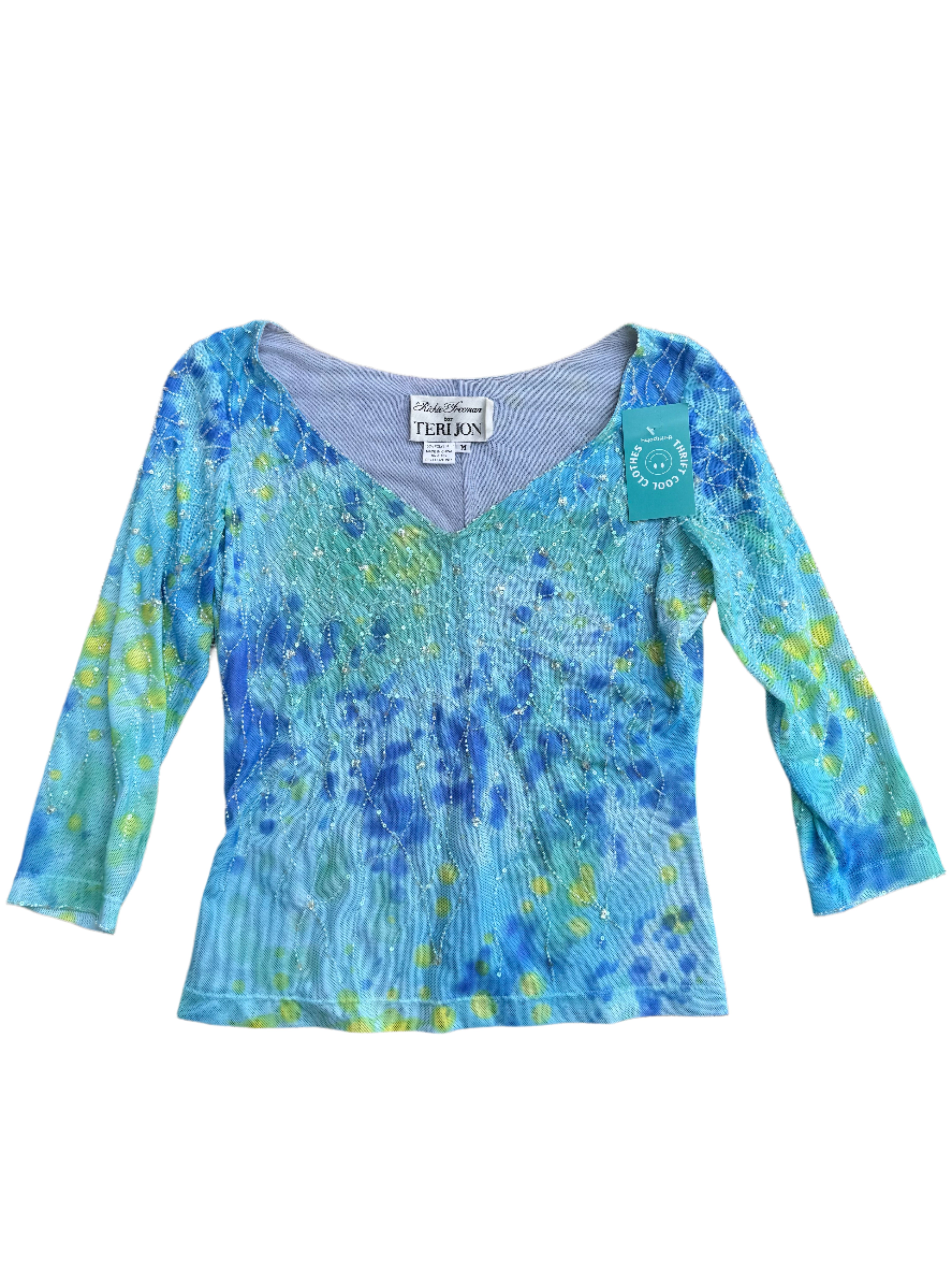 green blue rickie freeman beaded top, m