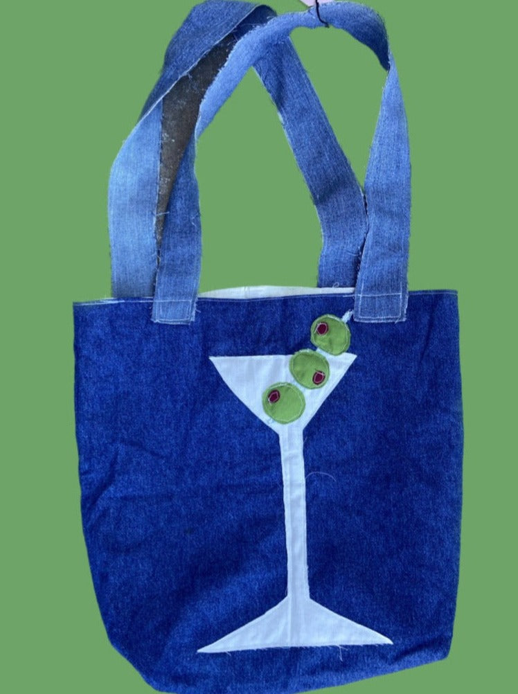 handmade upcycled martini center denim tote