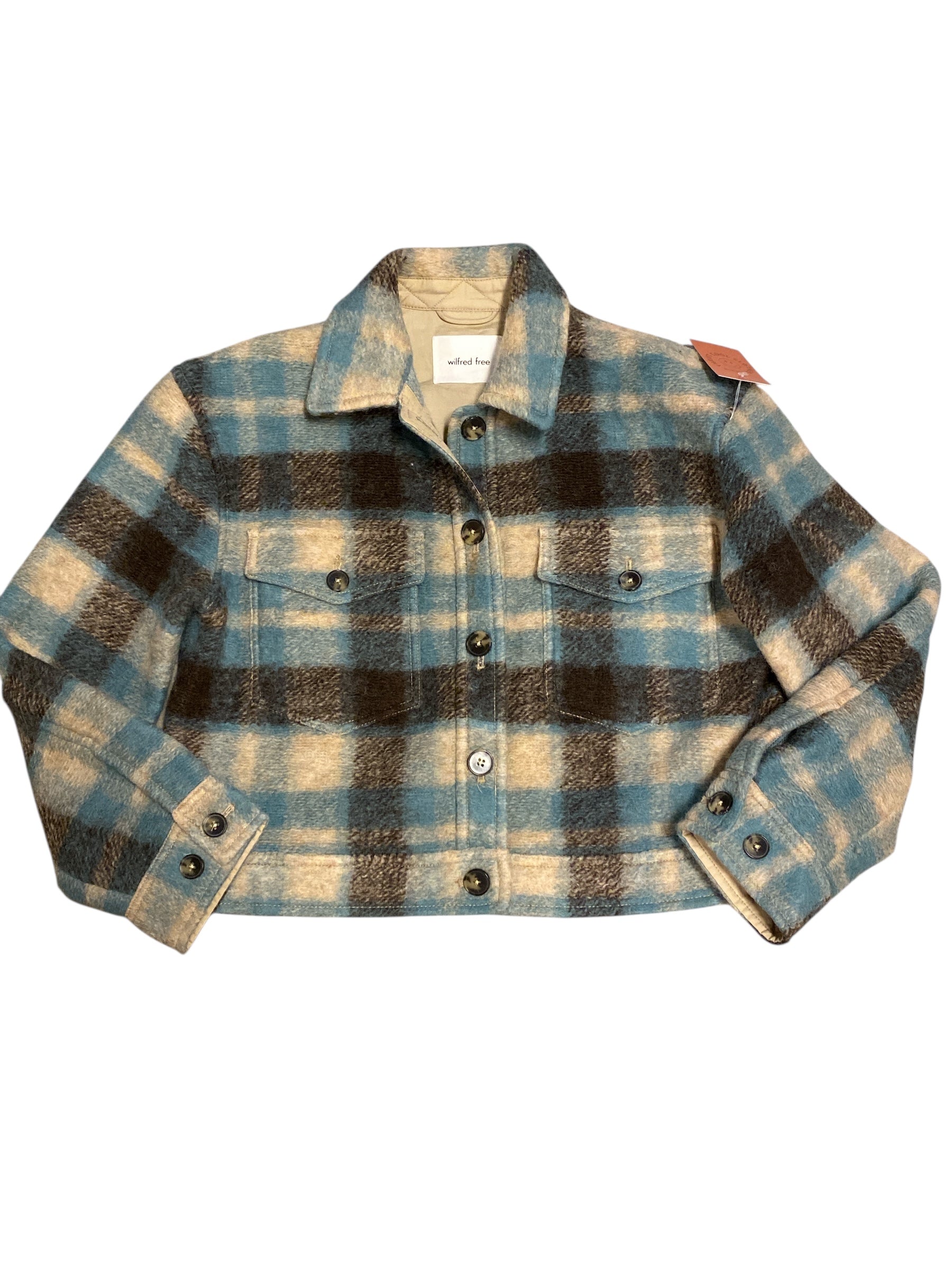tan blue brown wilfred free plaid cropped jacket, m