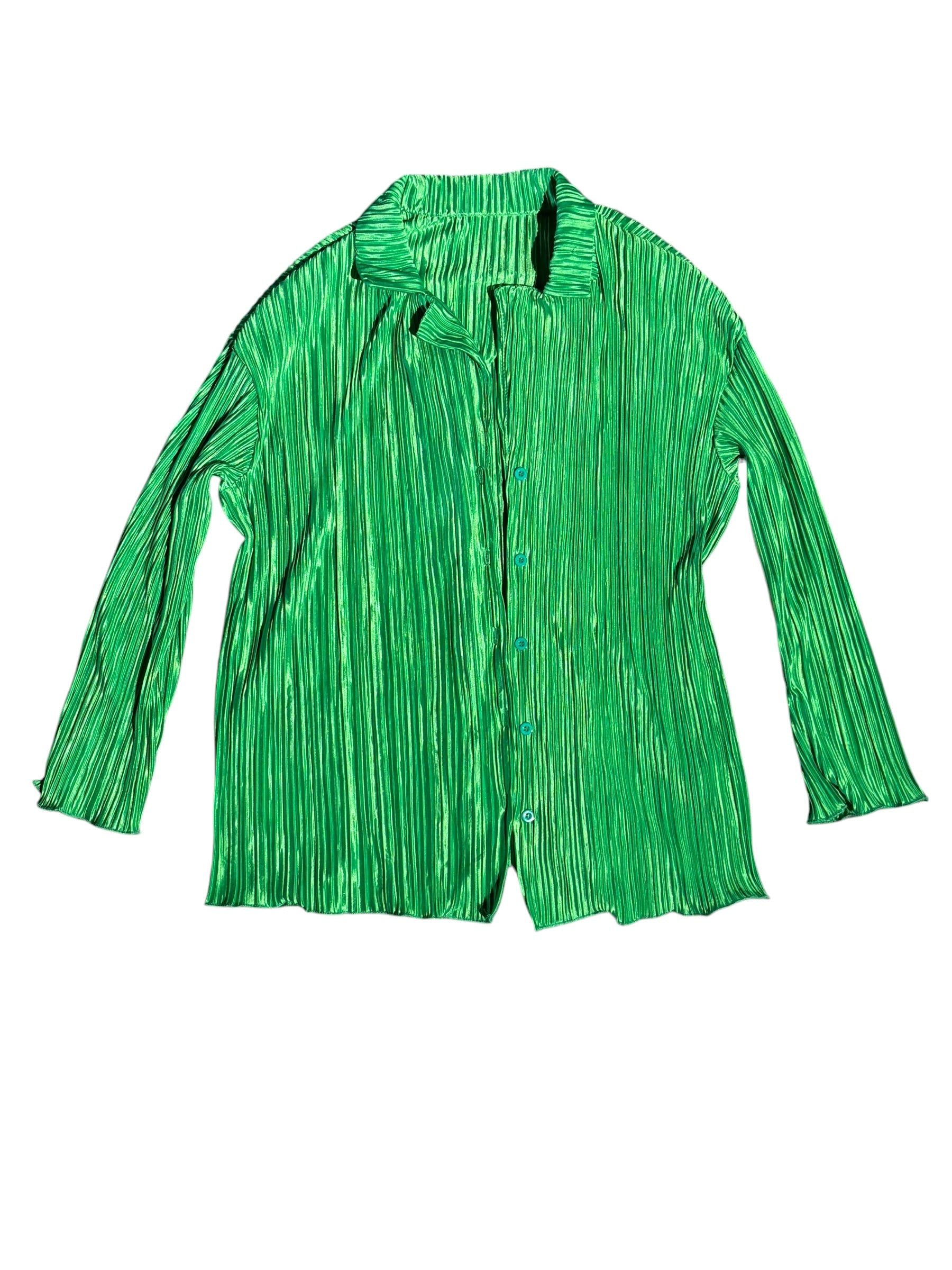green  plisse button down, s