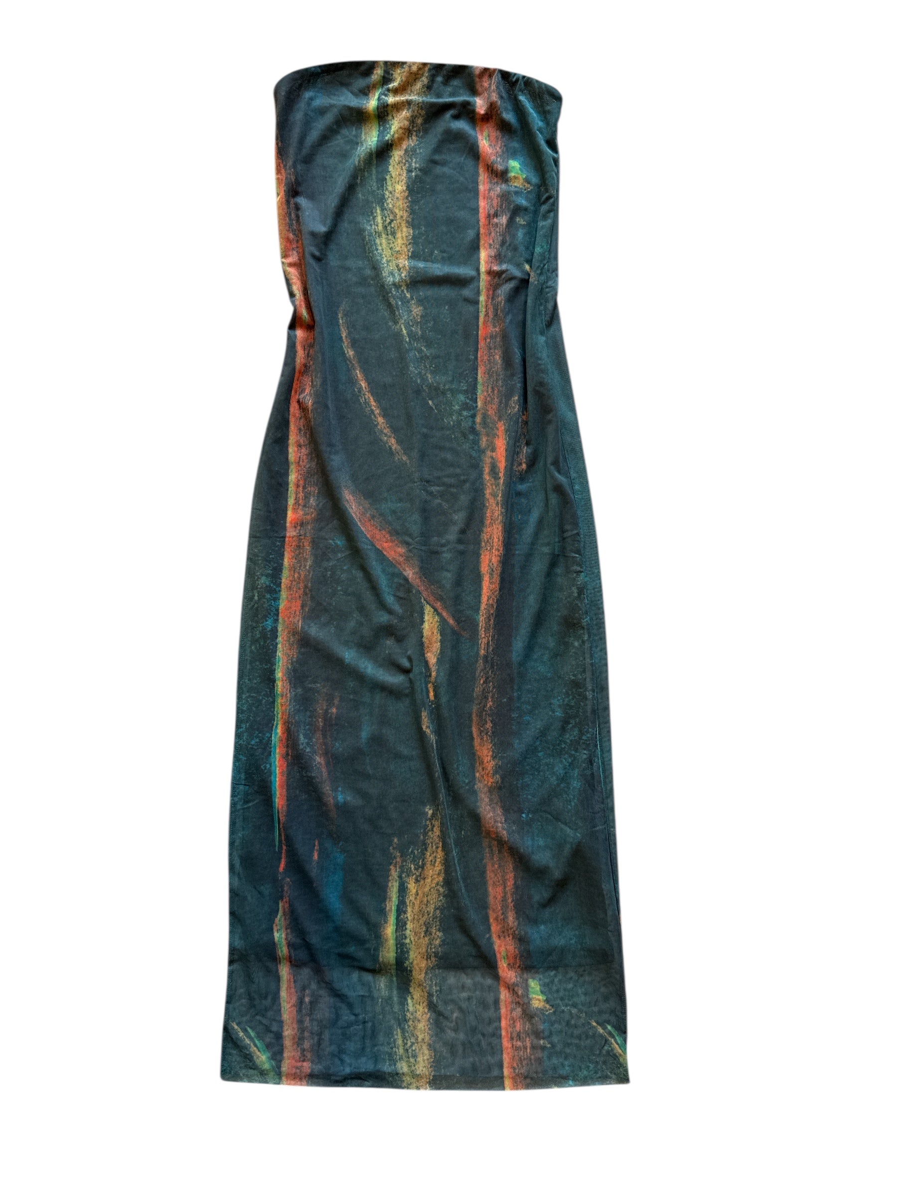 green blue orange commense strapless mesh midi dress, s
