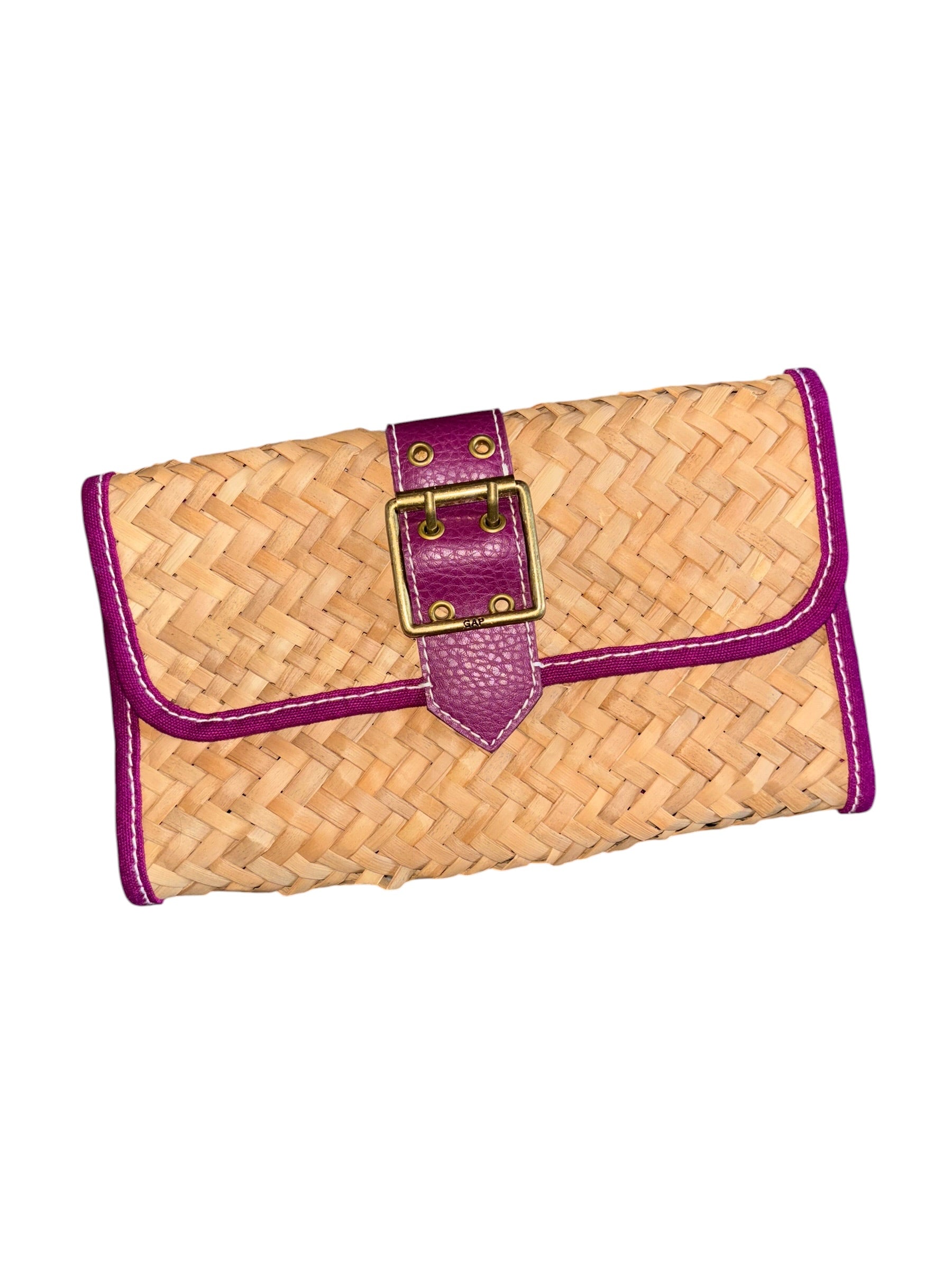 tan purple gap woven clutch