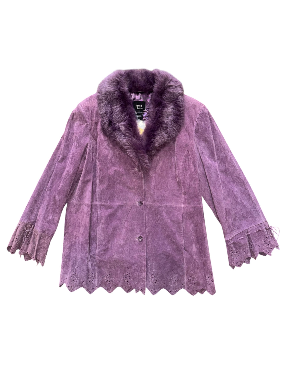 purple dennis basso fur trim whimsy leather jacket, 2x