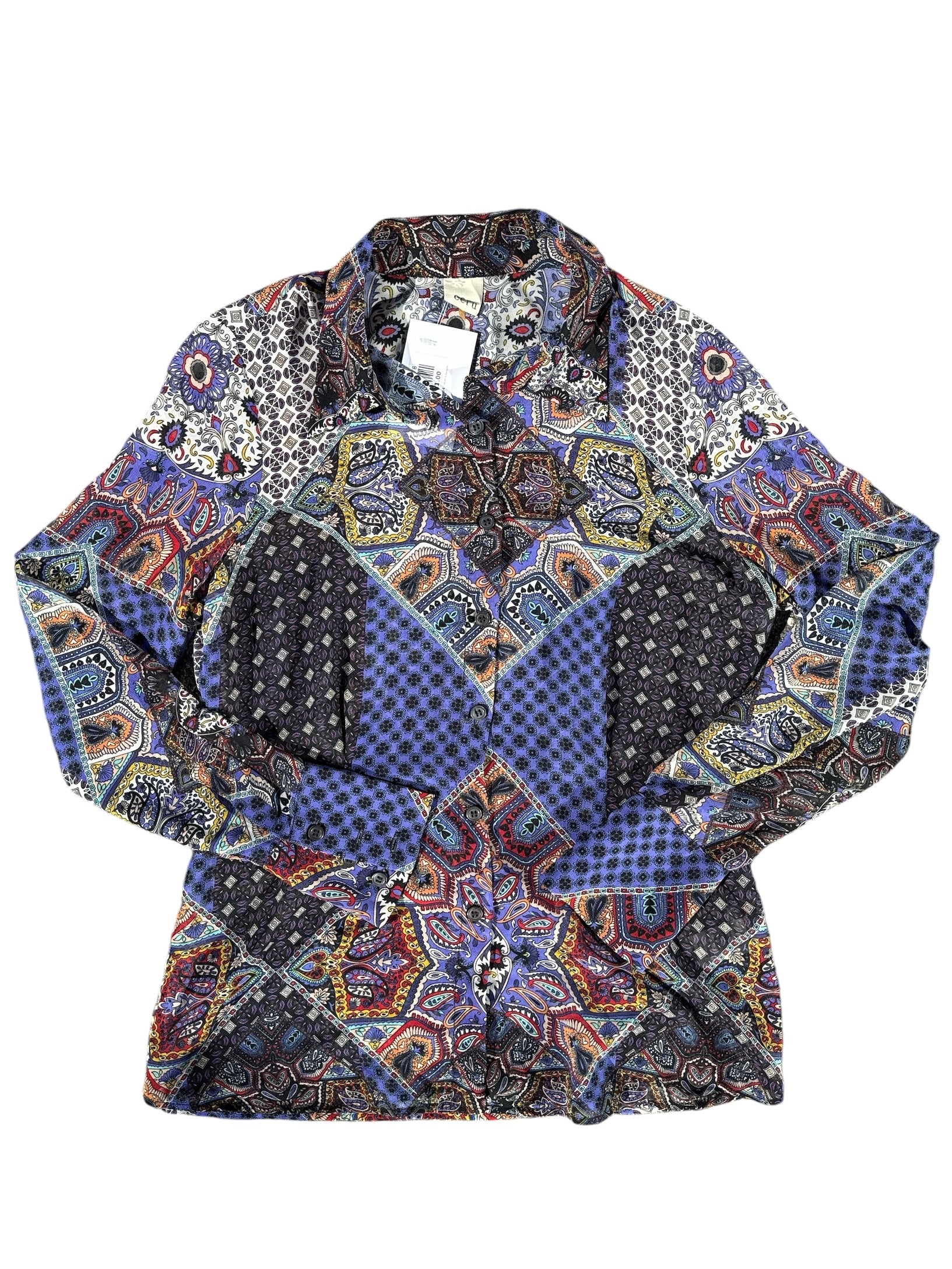 Purple orange ecru sheer paisley button blouse, s