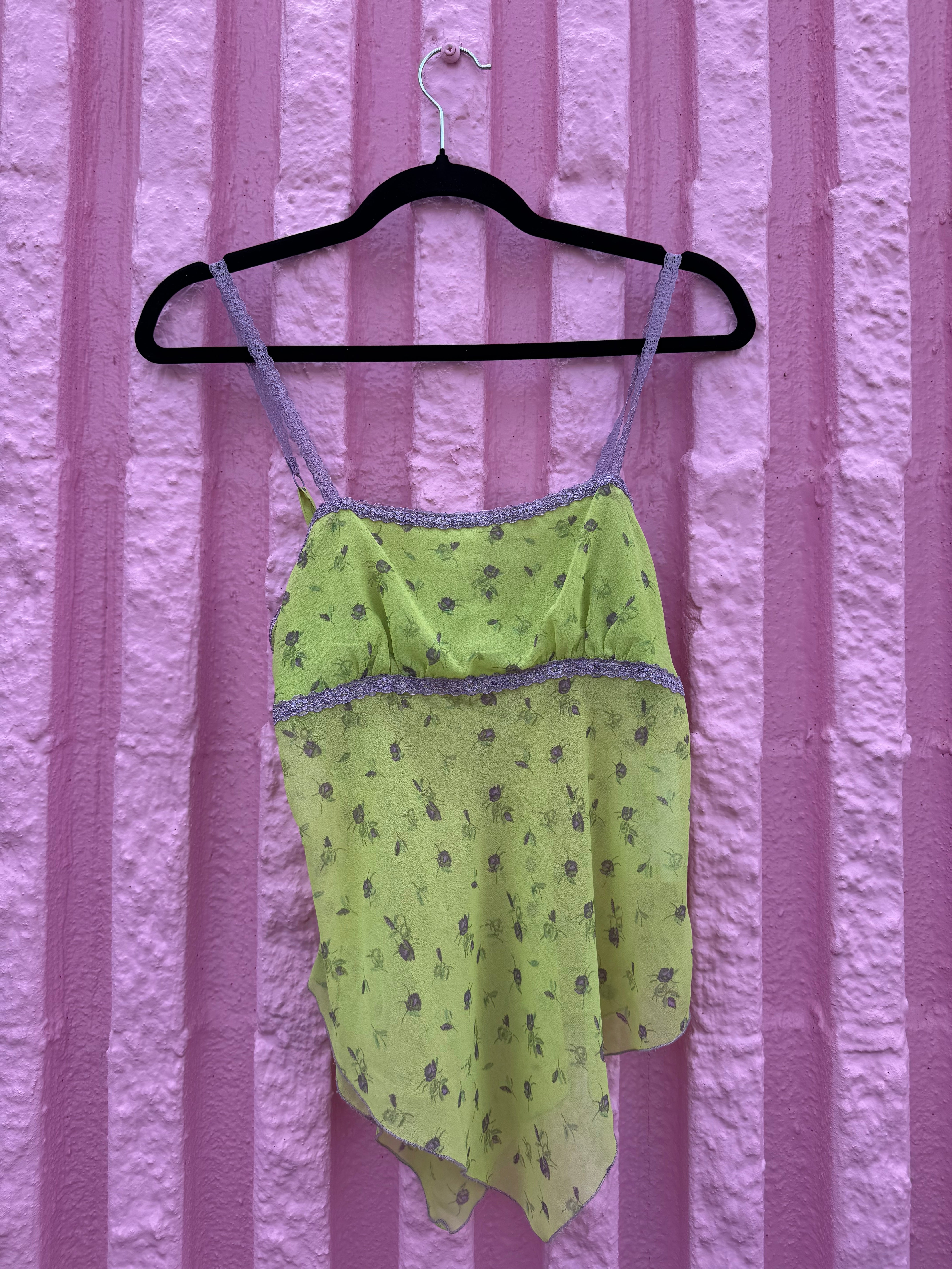 green purple urban outfitters floral sheer lace trim cami, xs