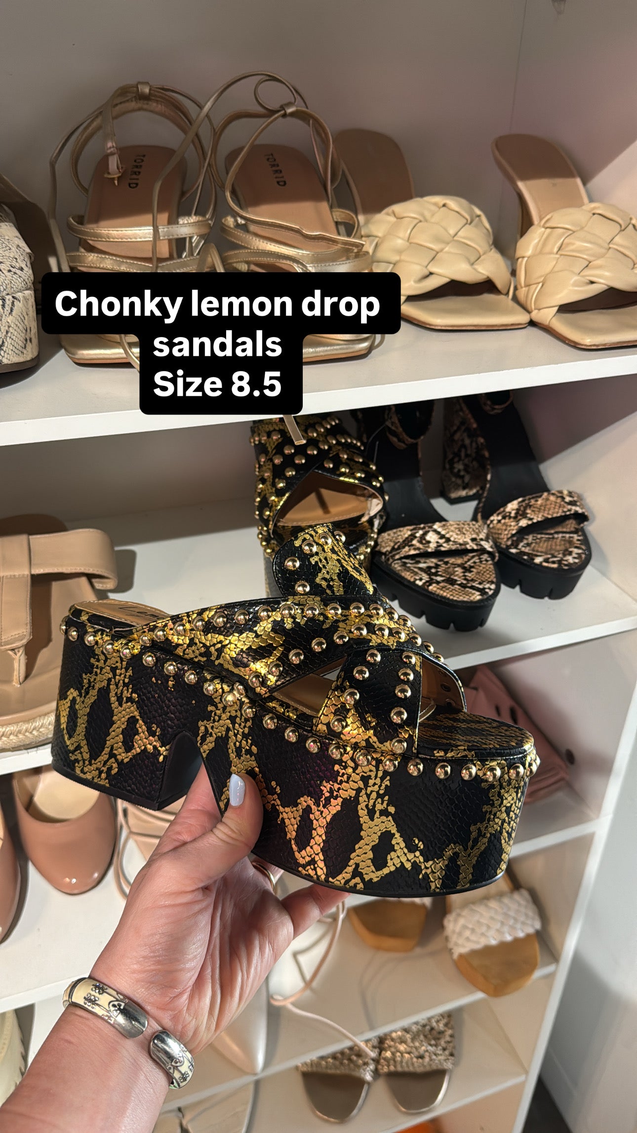 Black gold Lemon drop Studded snake skin platform sandals, 8.5