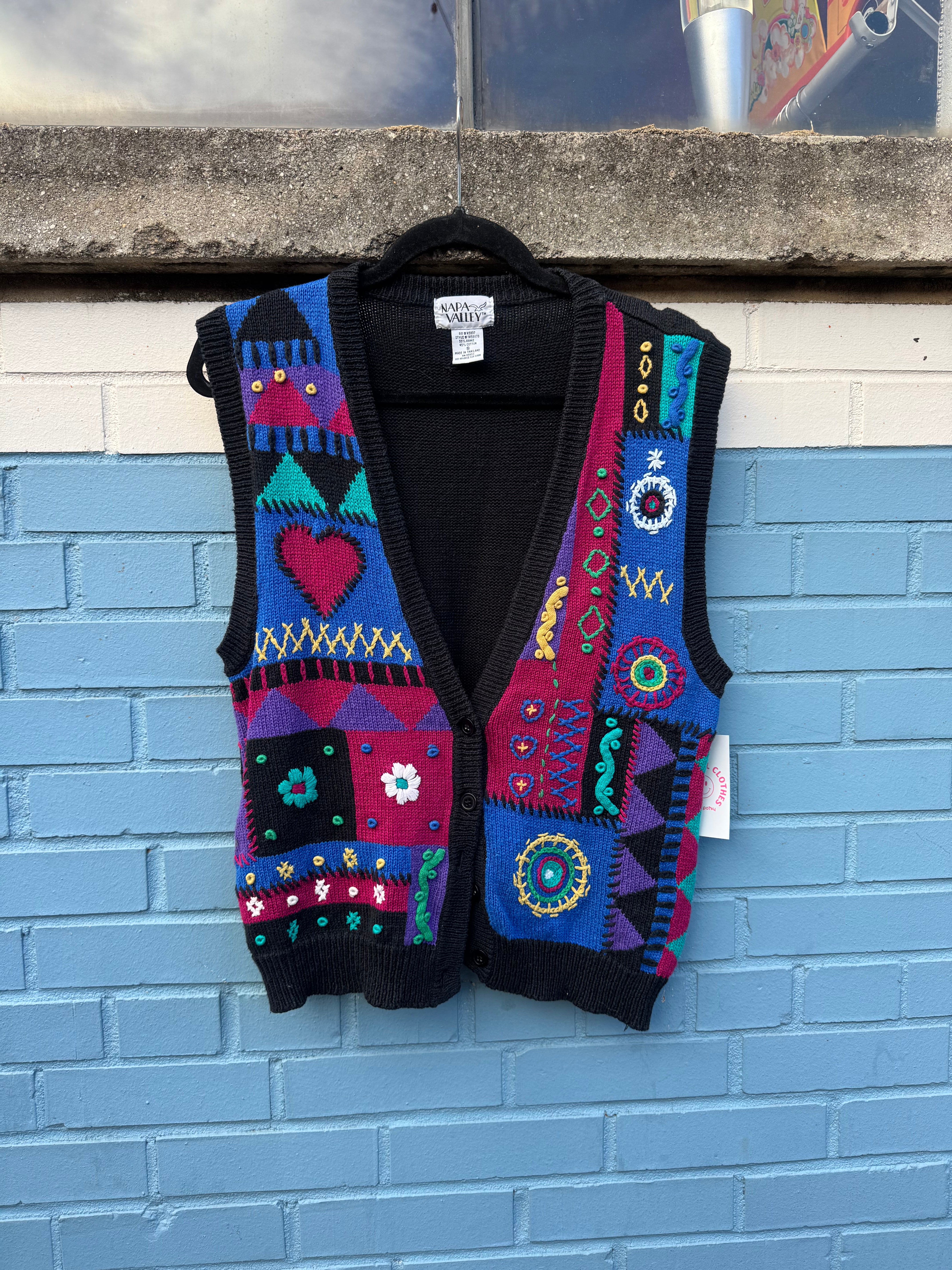pink blue black Napa valley knit funky sweater vest, s