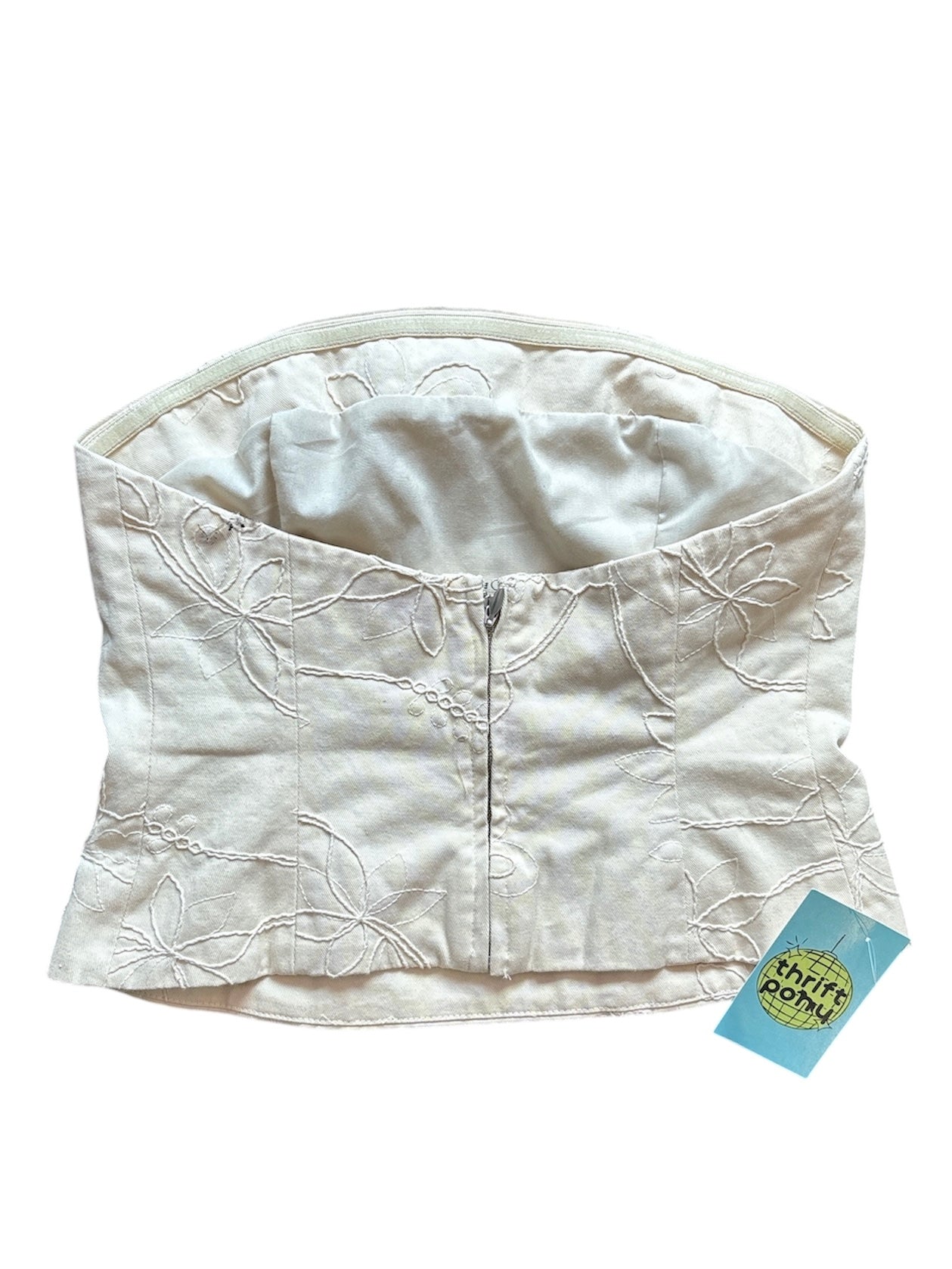 cream meshki embroider floral strapless top, s