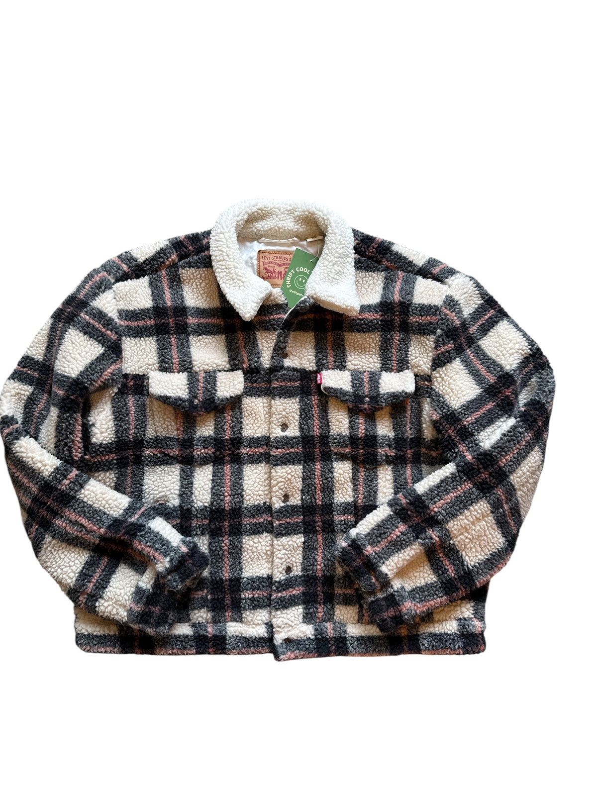 navy pink cream levis sherpa plaid button jacket, xl