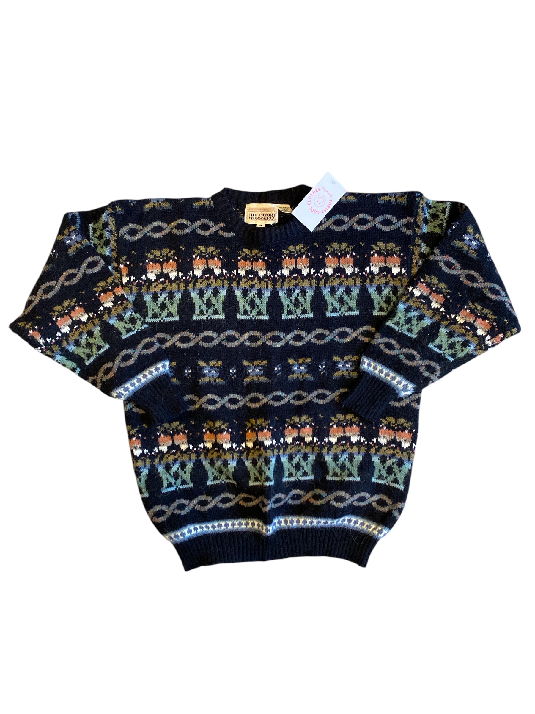 navy mauve green the import workshop vtg patterned sweater, m