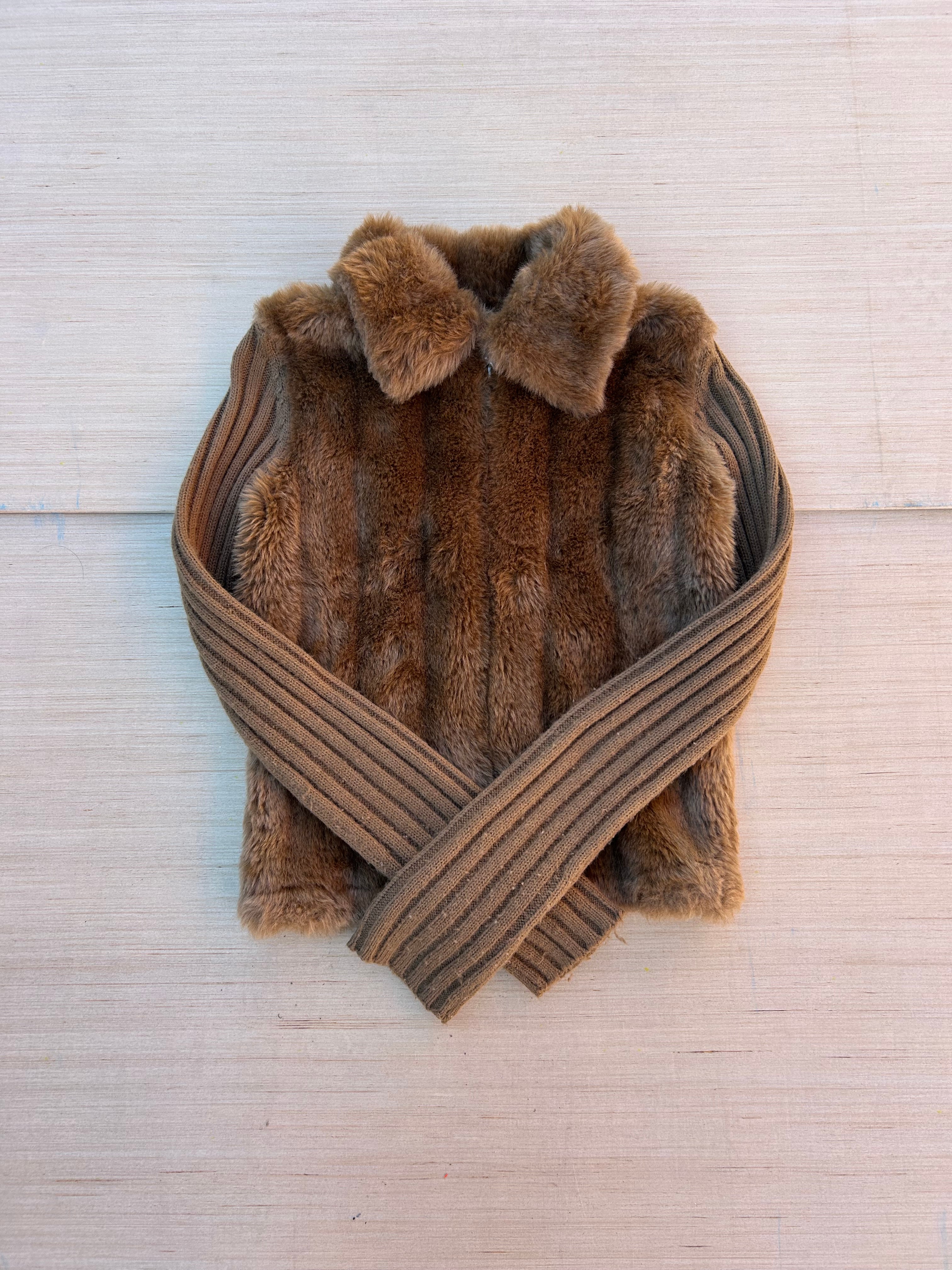 brown new direction faux fur sweater zip up, s