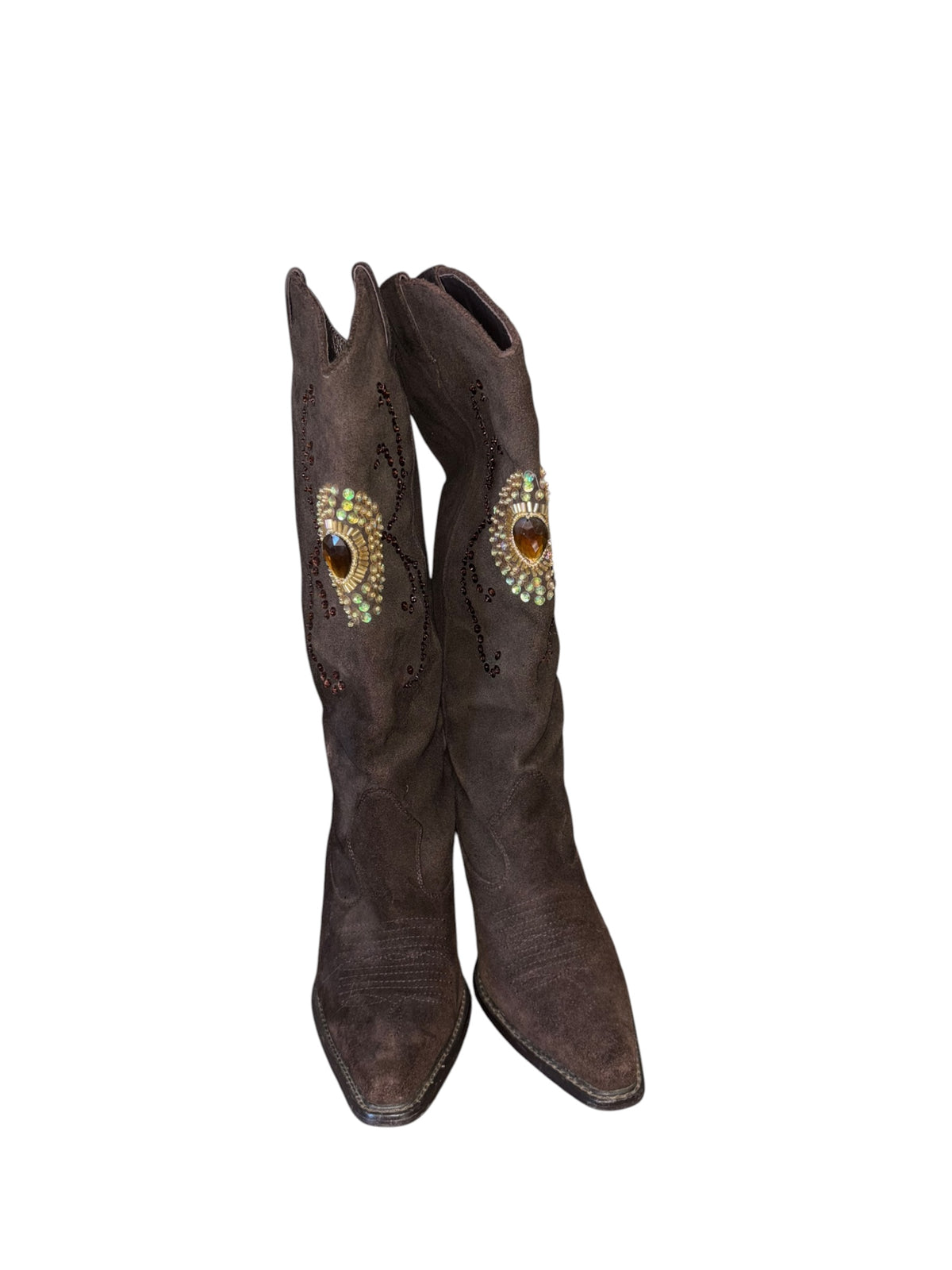 brown multi colin stuart sequin faux suede cowgirl boots, 6 1/5