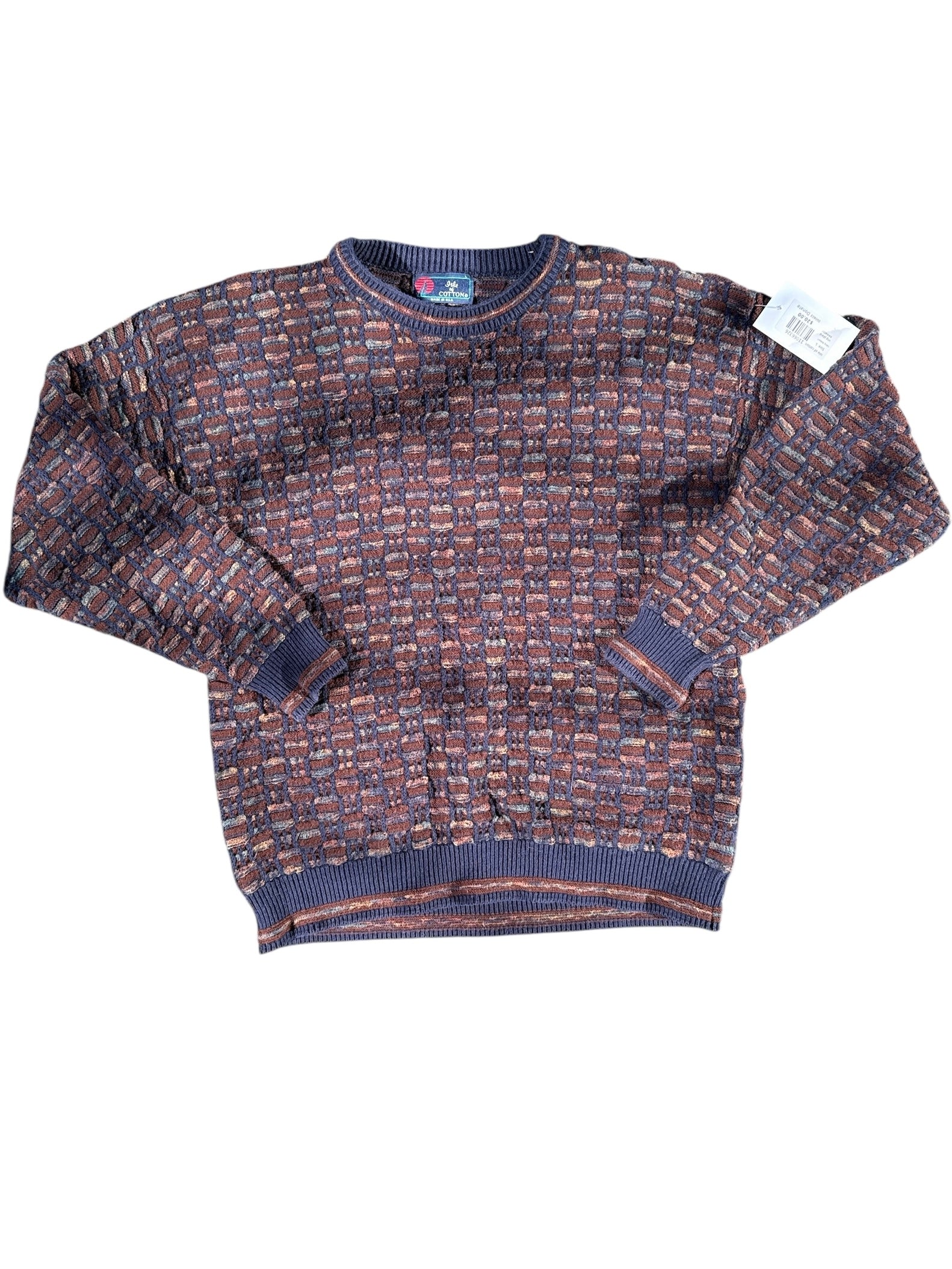 navy brown isle of cotton vtg plaid sweater, L